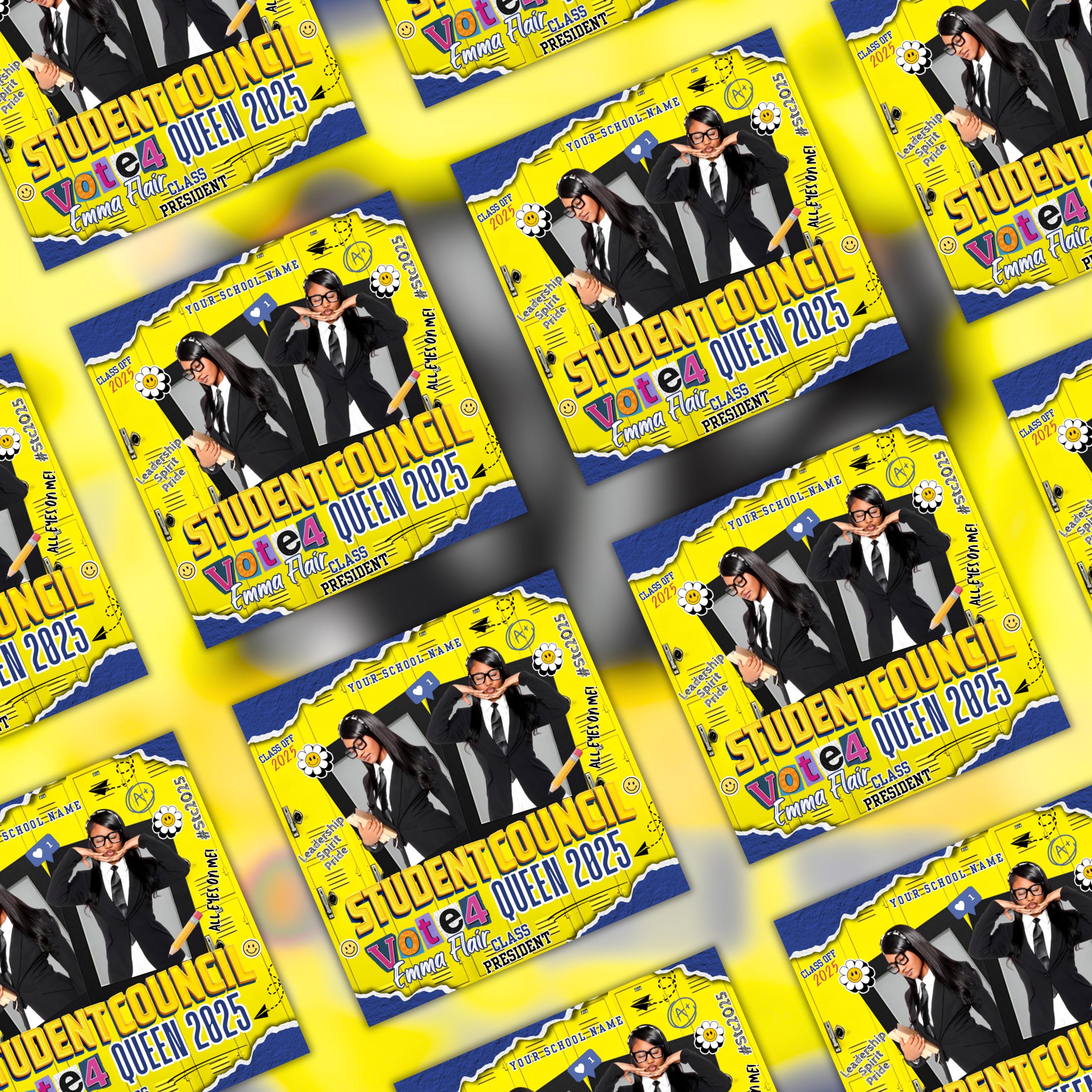 Blue And Yellow Student Council Campaign Flyer For Queen,Editable School Election Poster,Vote for Homecoming Queen, Class President Campaign