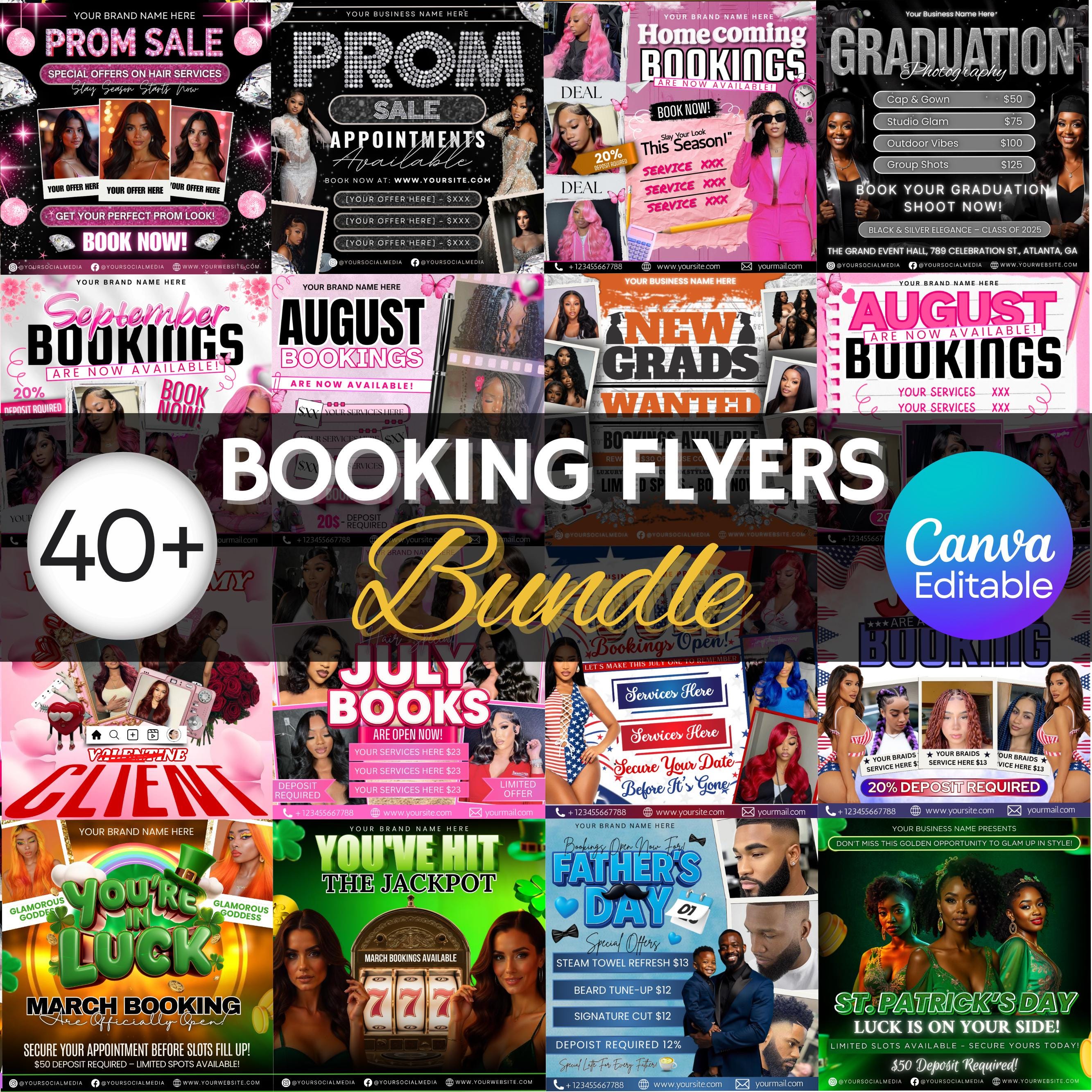 All In One Booking Flyer Bundle, Monthly Booking Flyers, Hair,Lash,Nails,Makeup,Braids Flyer, Canva Editable Appointment Available Flyer