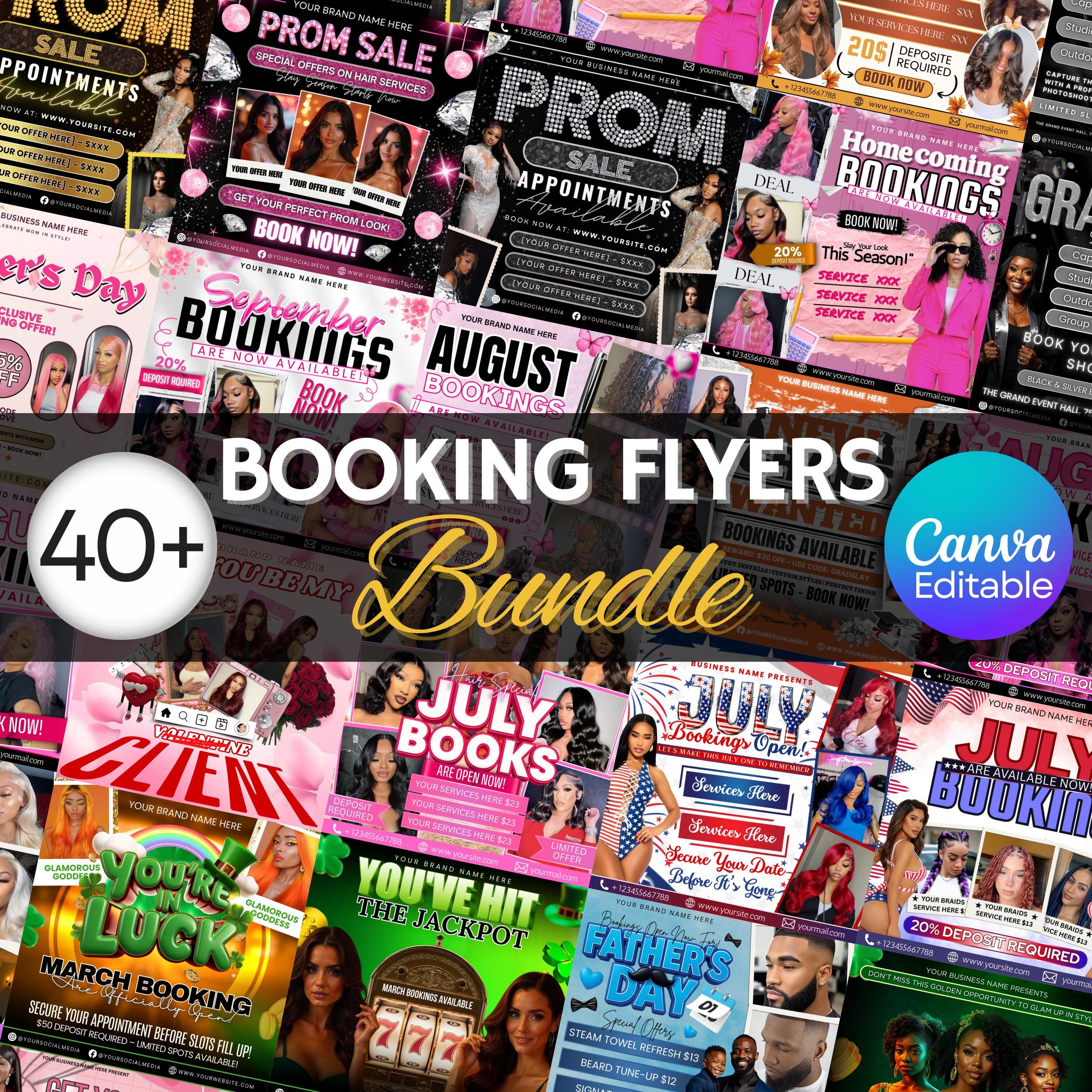 All In One Booking Flyer Bundle, Monthly Booking Flyers, Hair,Lash,Nails,Makeup,Braids Flyer, Canva Editable Appointment Available Flyer