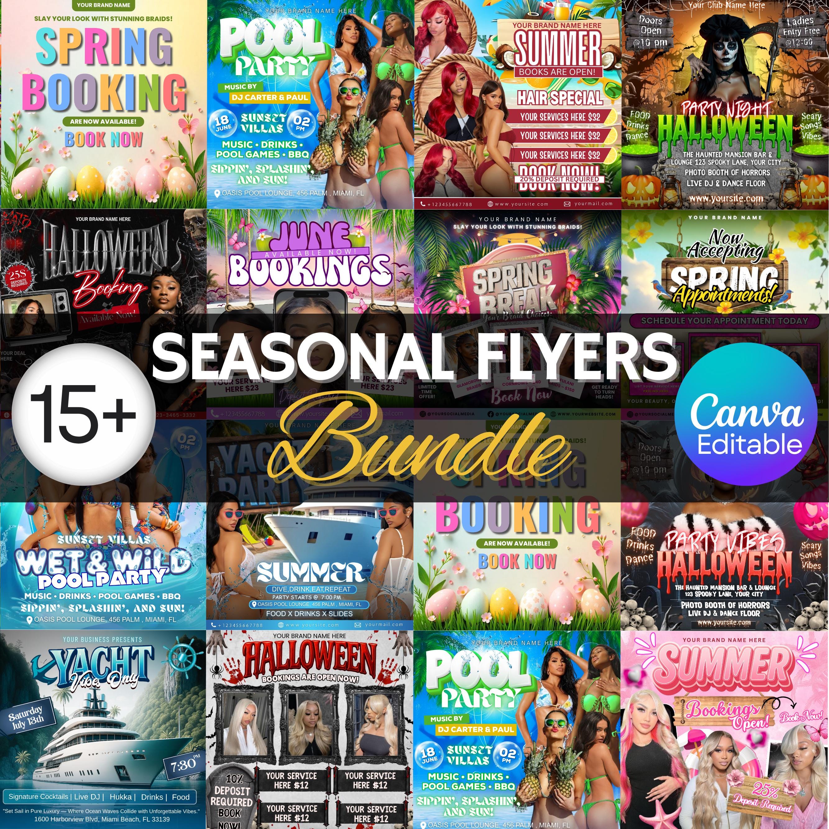 Seasonal Flyers Bundle, Editable Monthly Canva Templates for Booking Events, Parties & Business Promotions, DIY Hello New Month Flyers