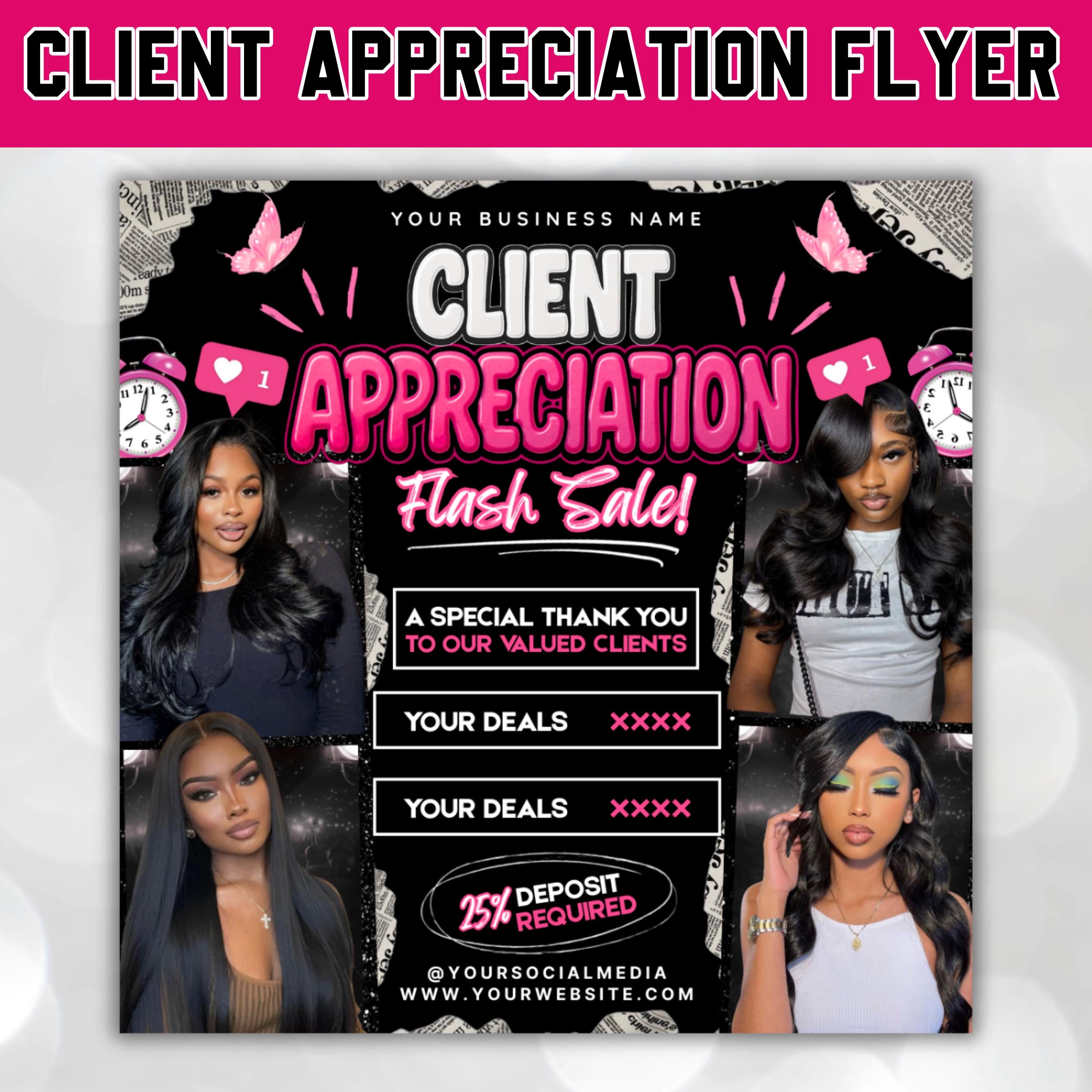 Customer Appreciation Flyer,Pink and Black Calling New Clients Flyer,Accepting New Clients Client Appreciation Sale Flyer,Appreciation Flyer
