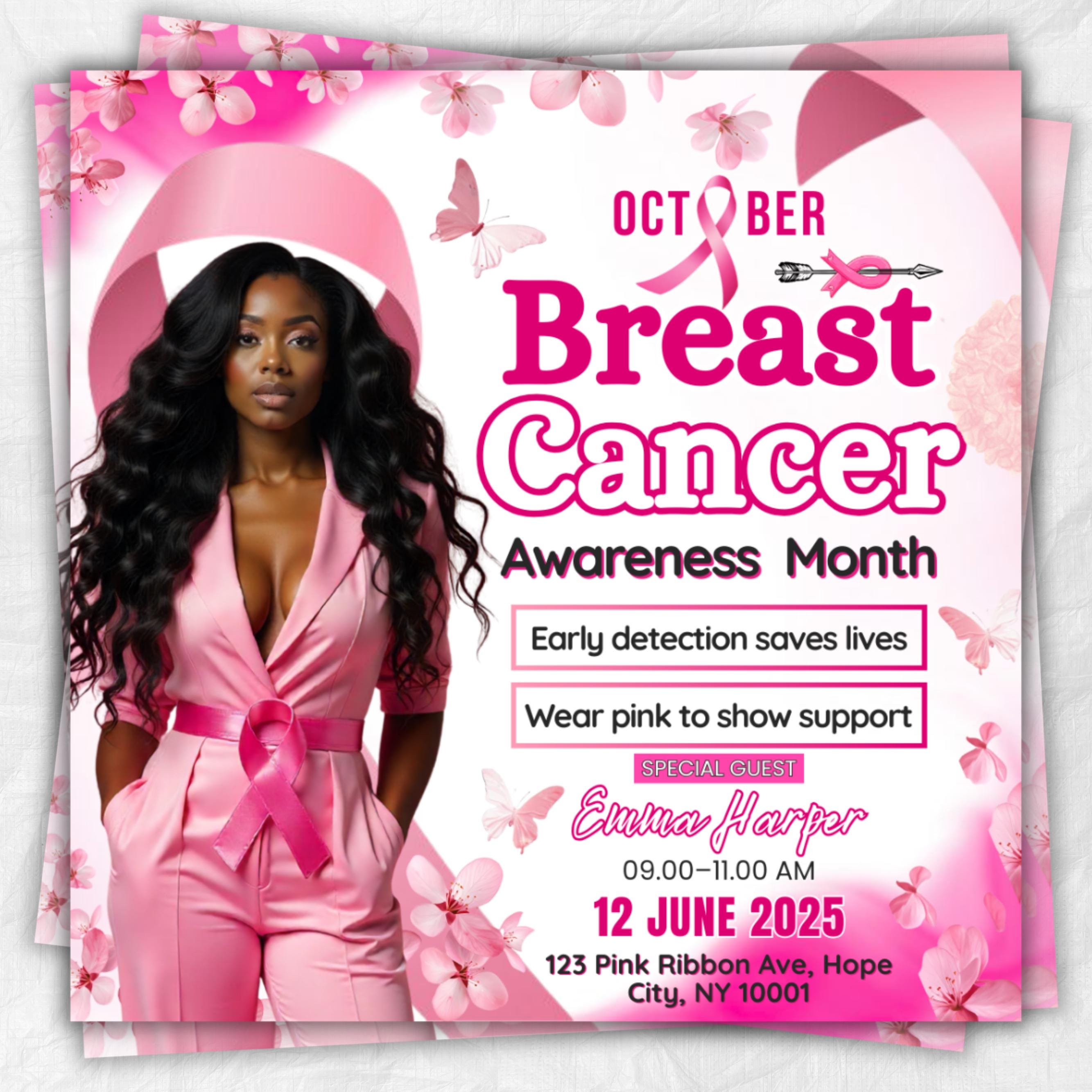 Breast Cancer Awareness Flyer, Pink Breast Cancer Event Flyer, Editable Pinktober Fundraising Flyer,Stronger Than Cancer Charity Event Flyer