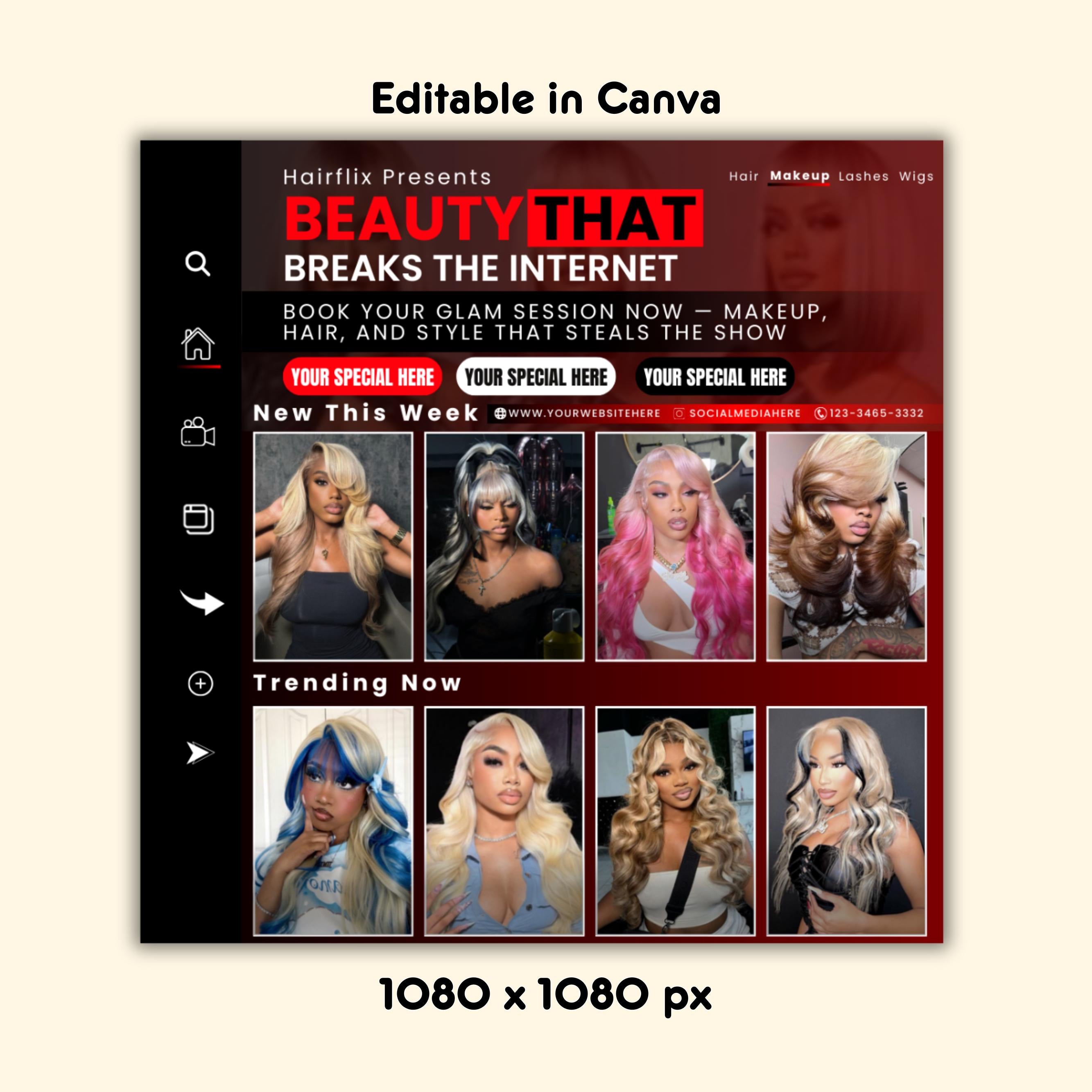 HairFLIX Themed Book Now Flyer | Hair Braider & Wig Artist | Custom Salon Booking | Editable Canva Template | Promote Your Business