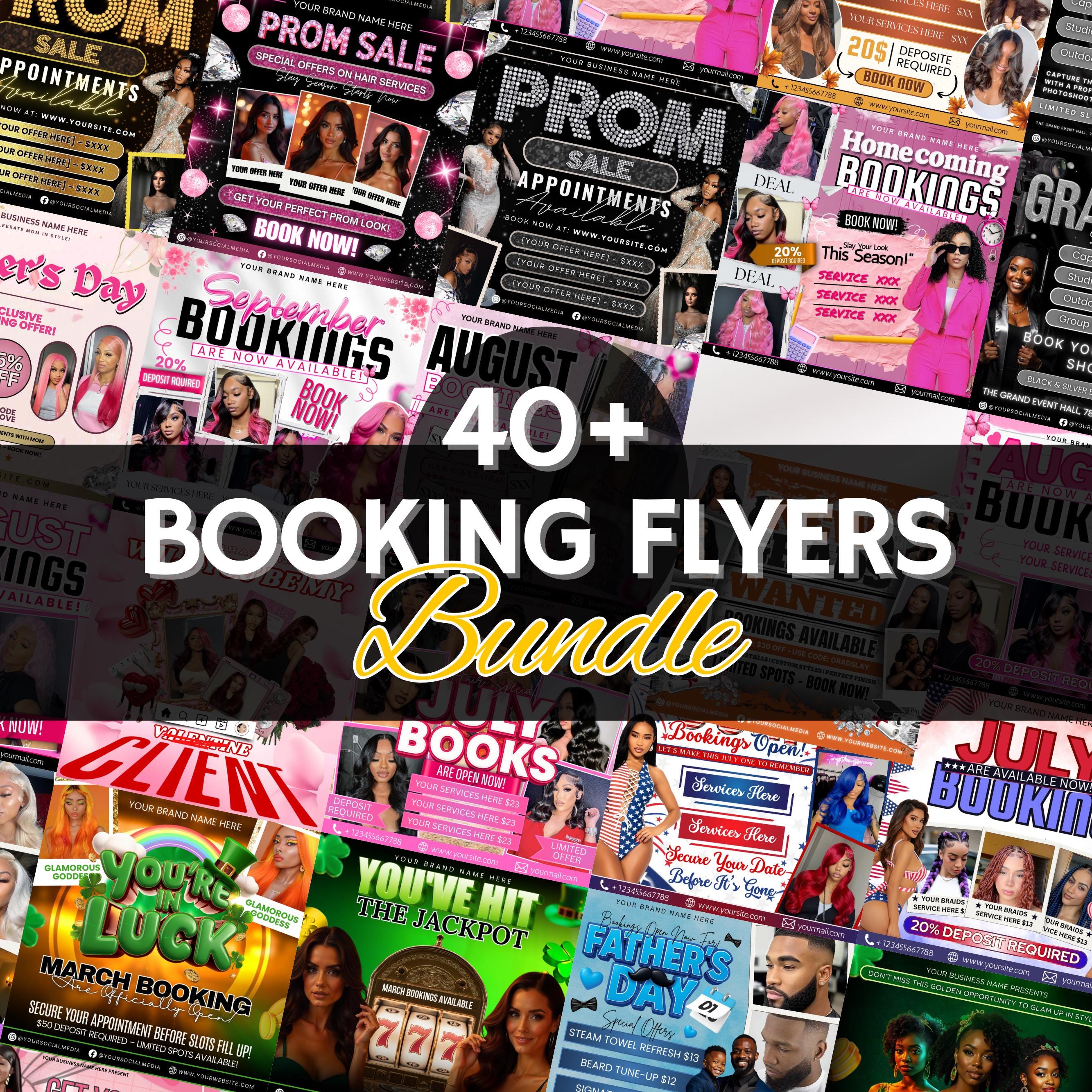 All In One Booking Flyer Bundle, Monthly Booking Flyers, Hair,Lash,Nails,Makeup,Braids Flyer, Canva Editable Appointment Available Flyer