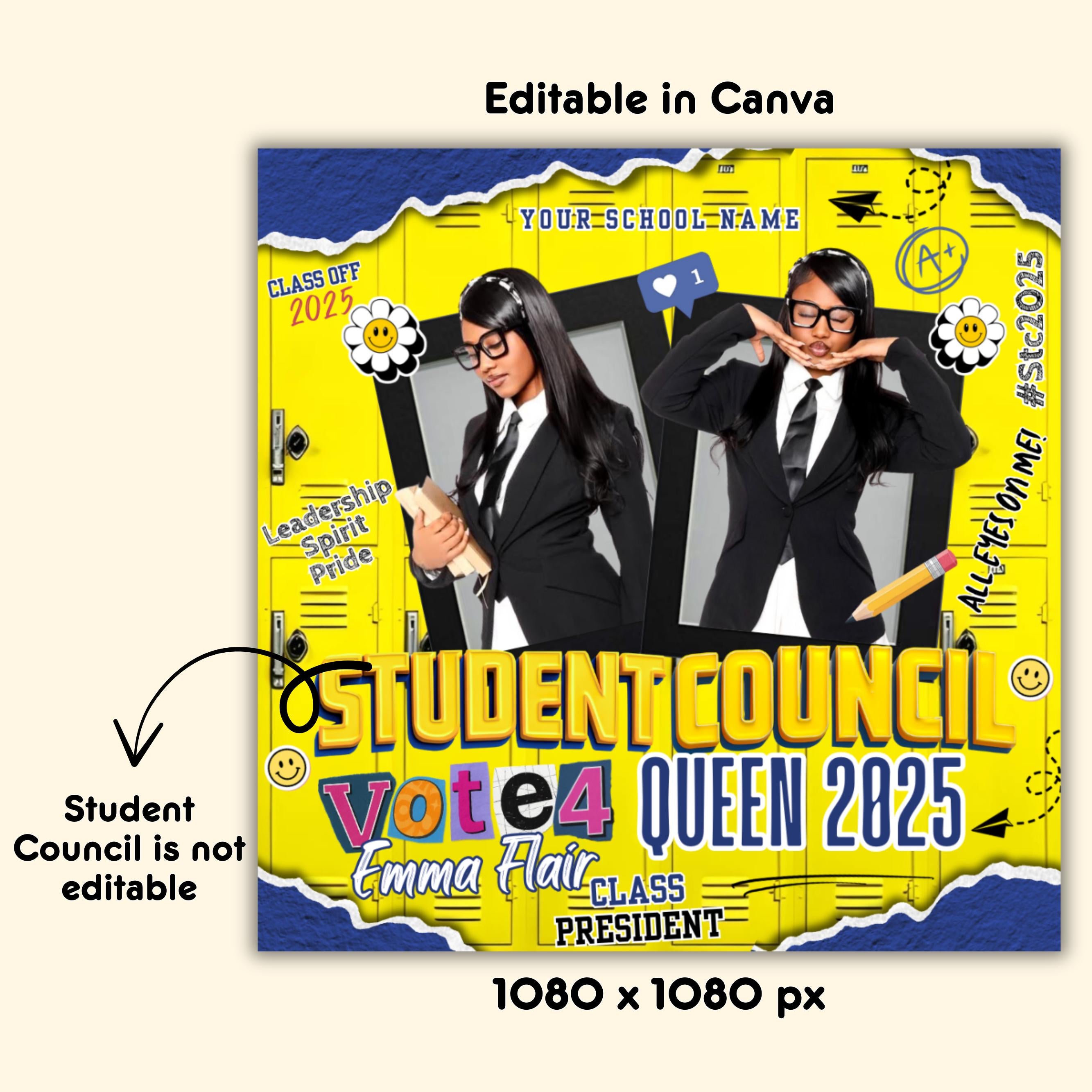 Blue And Yellow Student Council Campaign Flyer For Queen,Editable School Election Poster,Vote for Homecoming Queen, Class President Campaign
