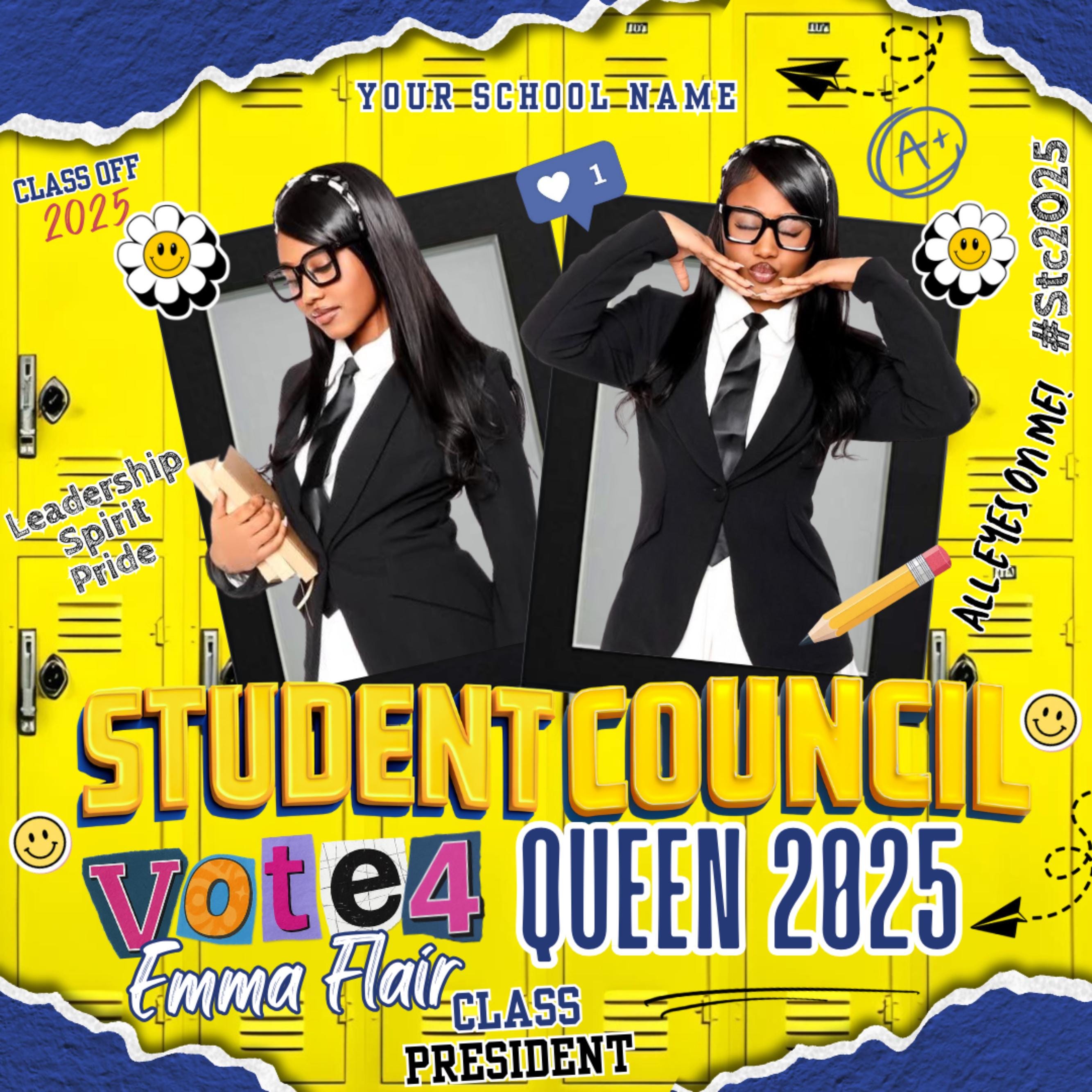 Blue And Yellow Student Council Campaign Flyer For Queen,Editable School Election Poster,Vote for Homecoming Queen, Class President Campaign