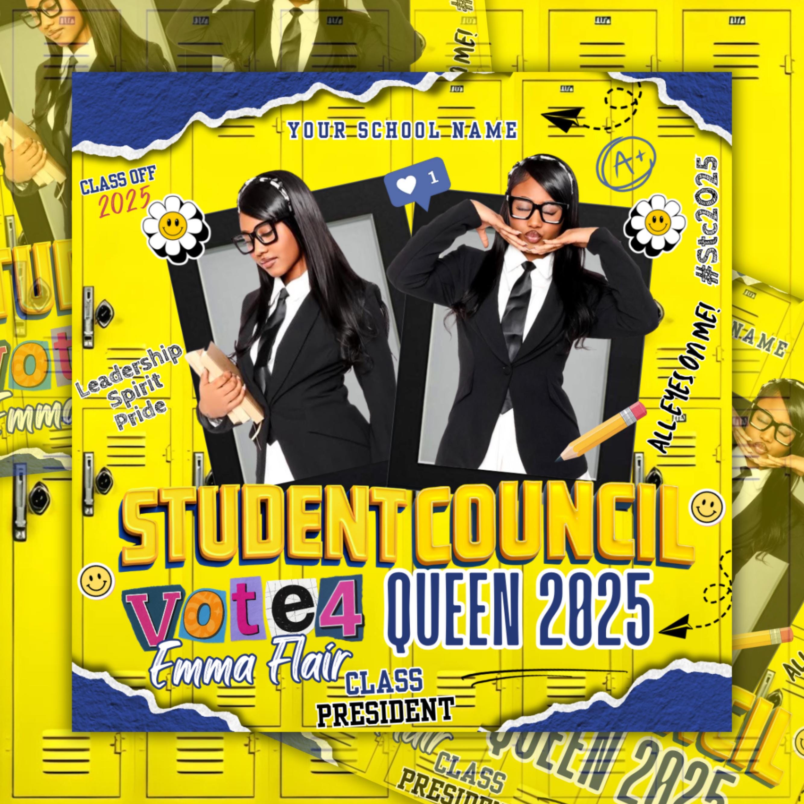 Blue And Yellow Student Council Campaign Flyer For Queen,Editable School Election Poster,Vote for Homecoming Queen, Class President Campaign