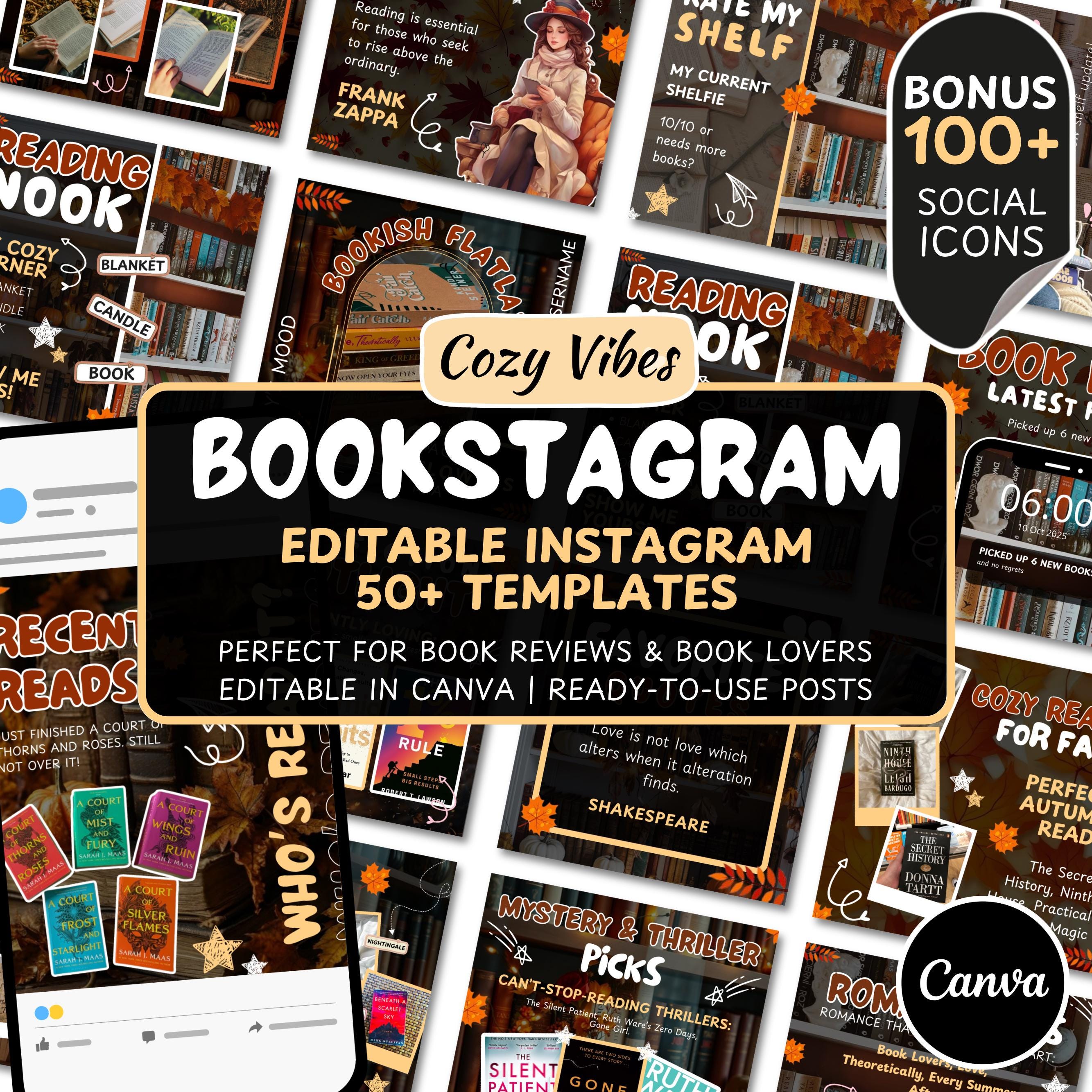 Autumn Bookstagram Carousel Template and Booktok Instagram Posts,Cozy Aesthetic Post for Book Lovers,Authors & Bloggers Social Media Content