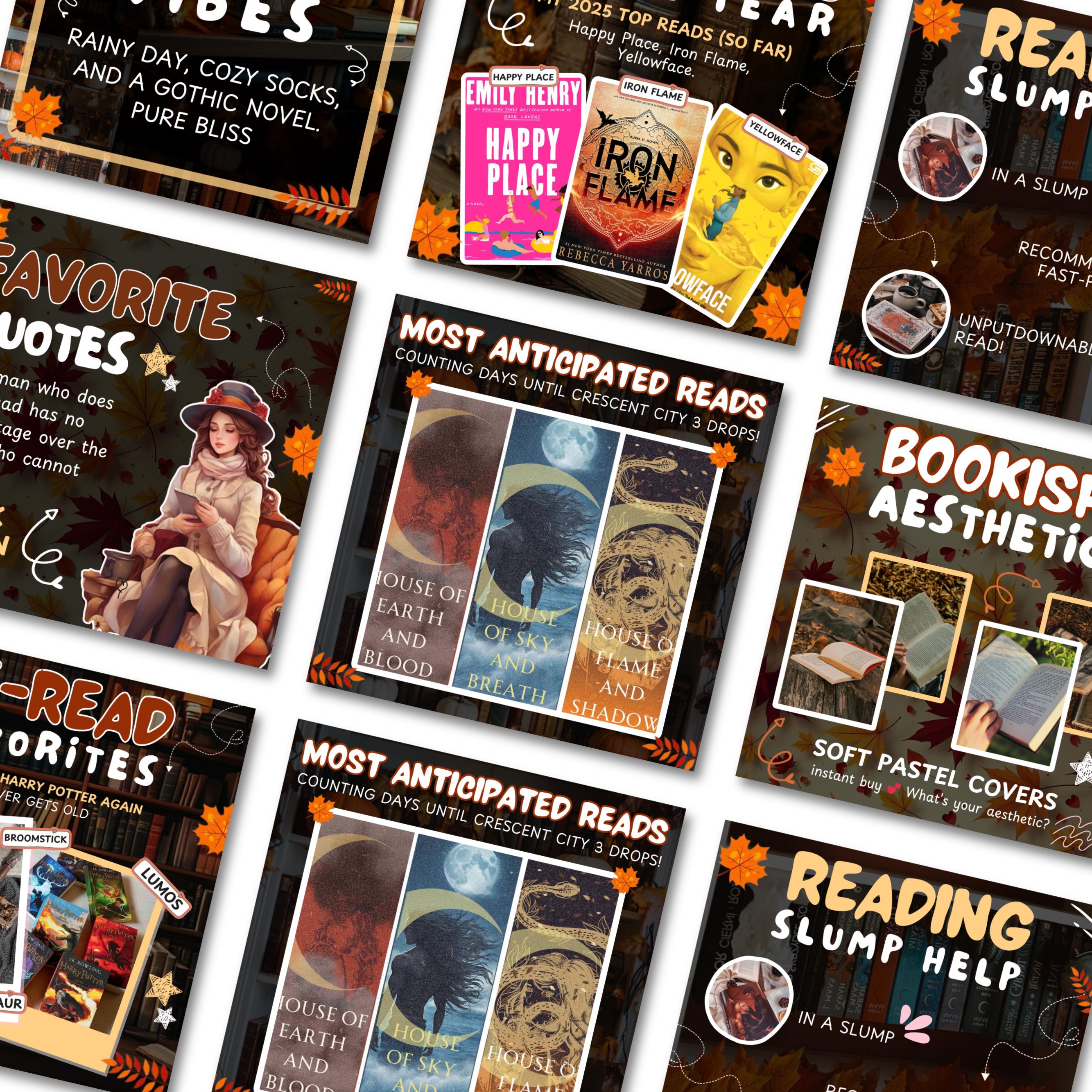 Autumn Bookstagram Carousel Template and Booktok Instagram Posts,Cozy Aesthetic Post for Book Lovers,Authors & Bloggers Social Media Content
