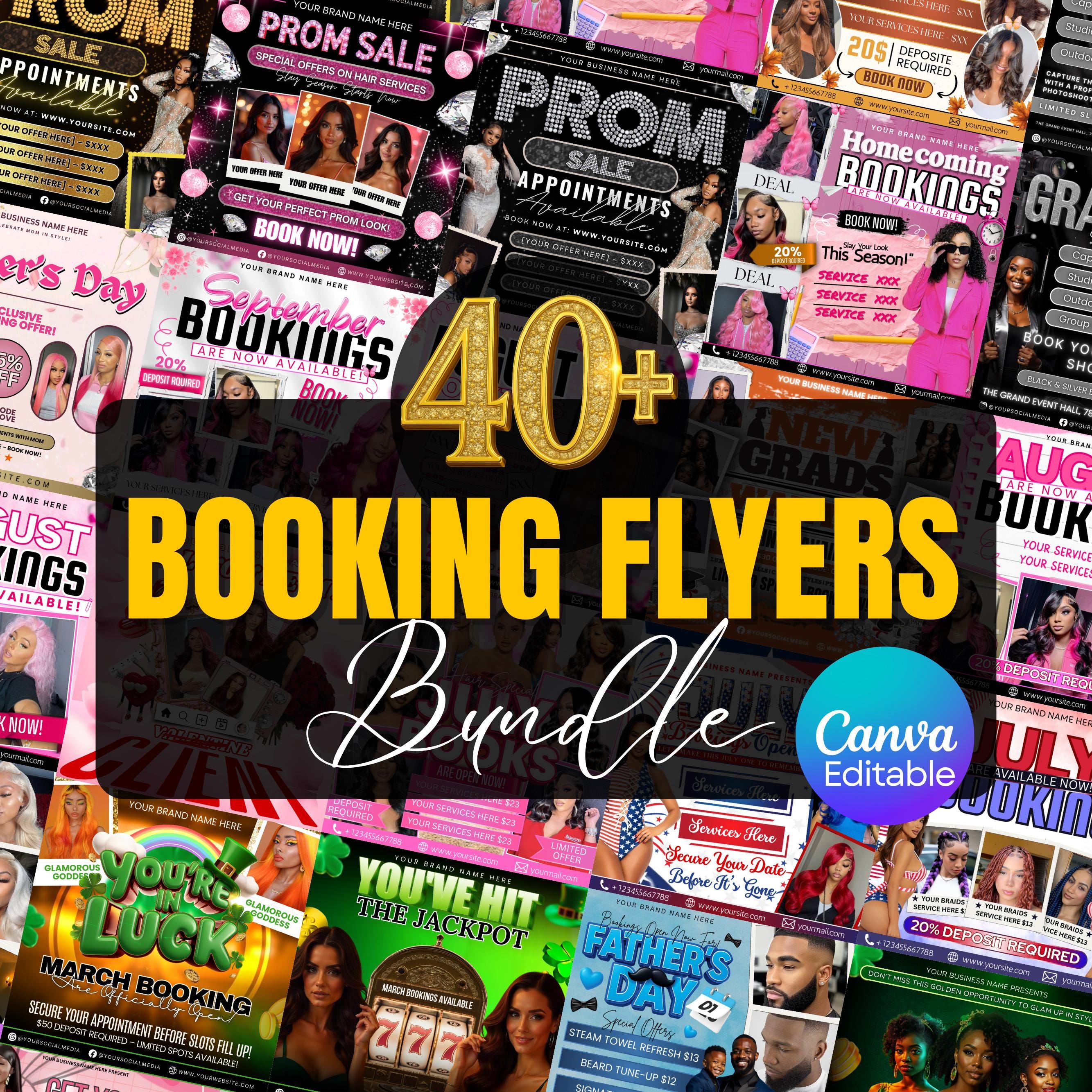 All In One Booking Flyer Bundle, Monthly Booking Flyers, Hair,Lash,Nails,Makeup,Braids Flyer, Canva Editable Appointment Available Flyer