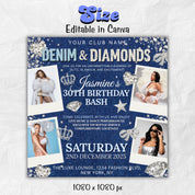 Denim & Diamonds Birthday Flyer | Editable Canva Template for Dinner Invites and Party Flyer | Elegant Blue Jean and Bling Digital Design