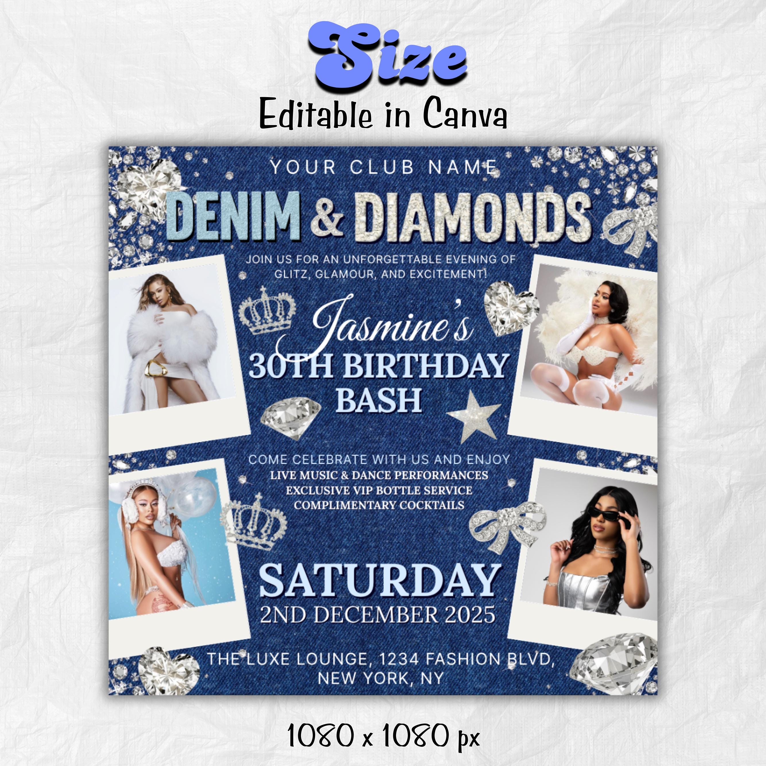 Denim & Diamonds Birthday Flyer | Editable Canva Template for Dinner Invites and Party Flyer | Elegant Blue Jean and Bling Digital Design