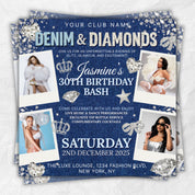 Denim & Diamonds Birthday Flyer | Editable Canva Template for Dinner Invites and Party Flyer | Elegant Blue Jean and Bling Digital Design