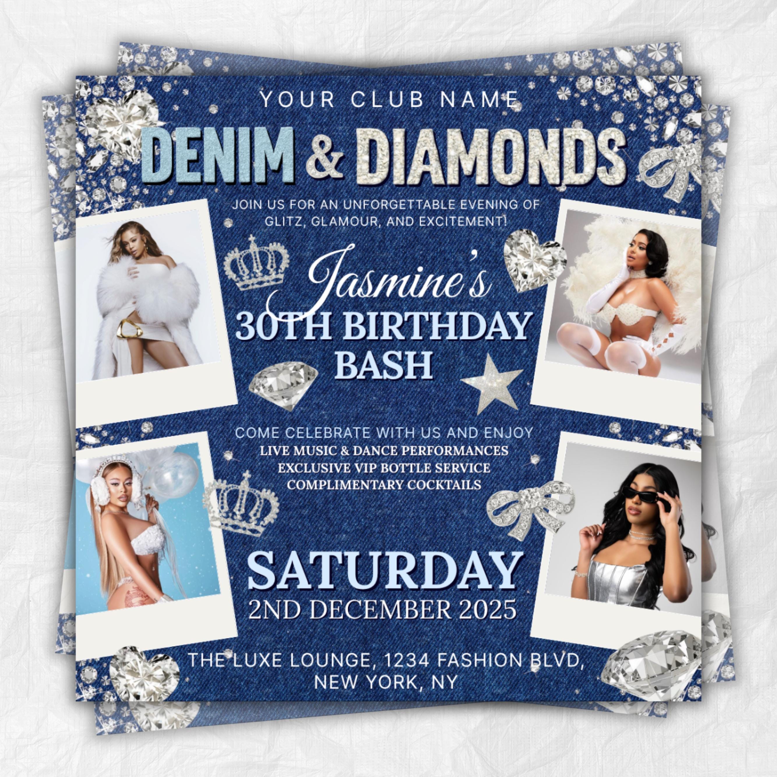 Denim & Diamonds Birthday Flyer | Editable Canva Template for Dinner Invites and Party Flyer | Elegant Blue Jean and Bling Digital Design