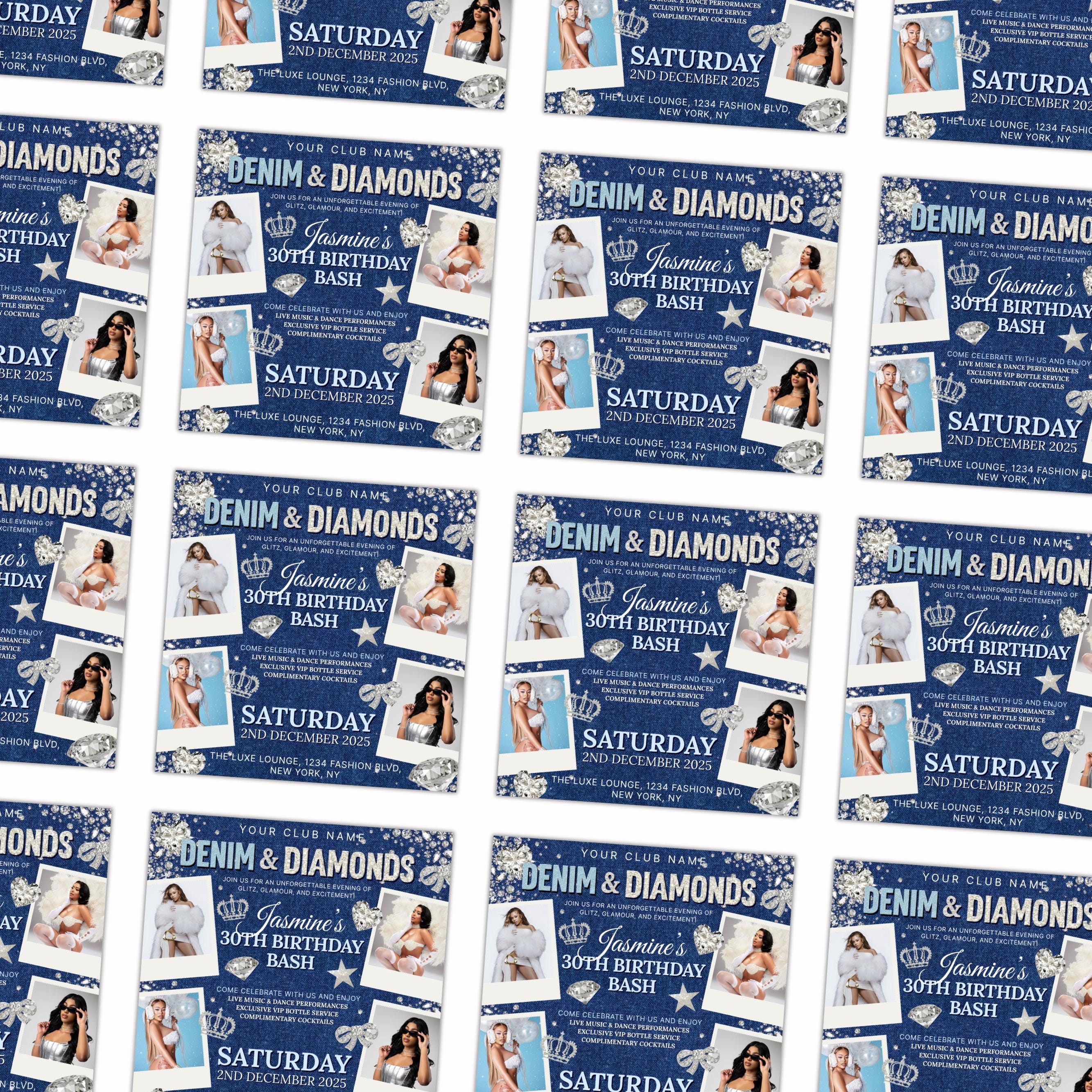 Denim & Diamonds Birthday Flyer | Editable Canva Template for Dinner Invites and Party Flyer | Elegant Blue Jean and Bling Digital Design