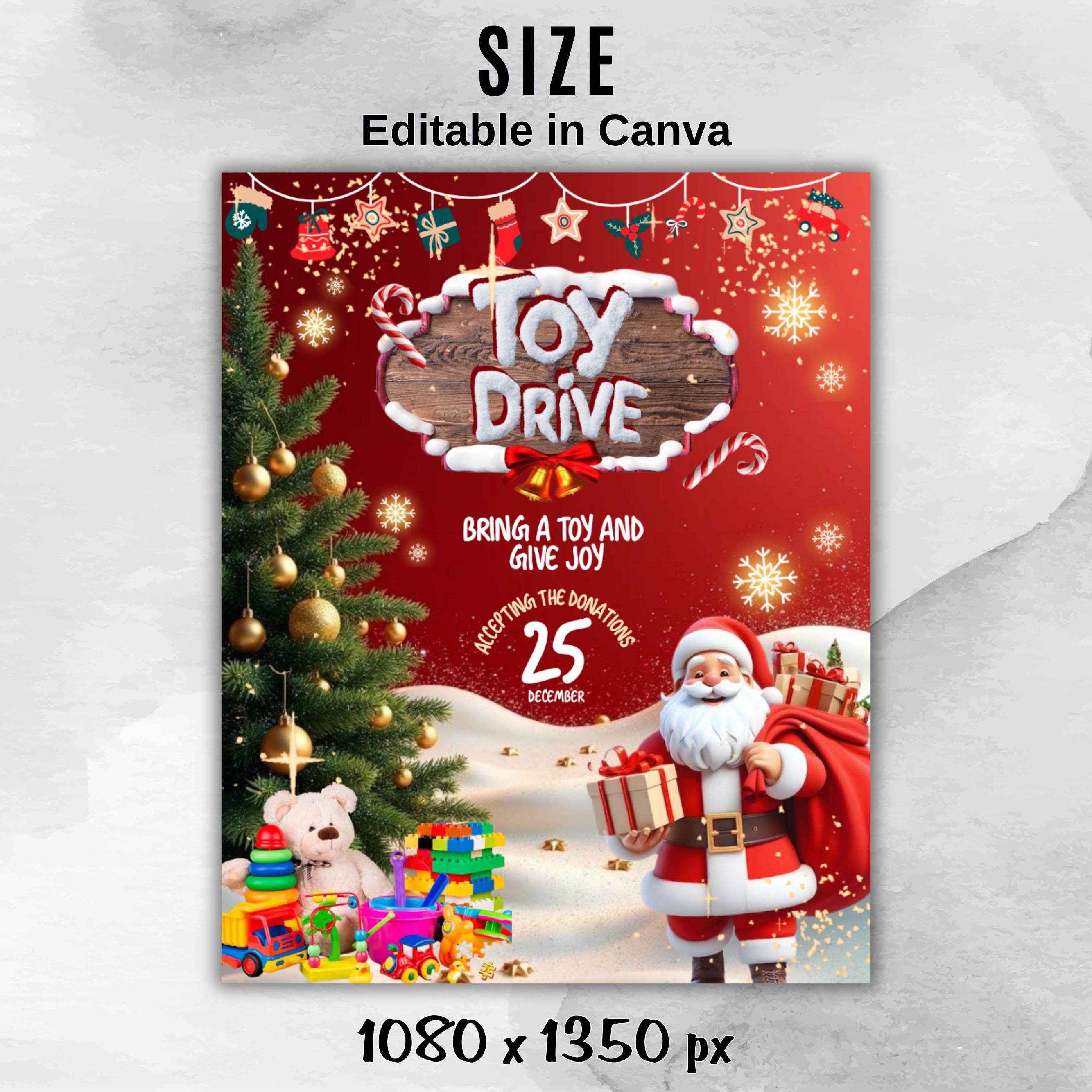 Festive Christmas Toy Drive Flyer Canva Template for Holiday Parties and Events - Editable and Customizable Design