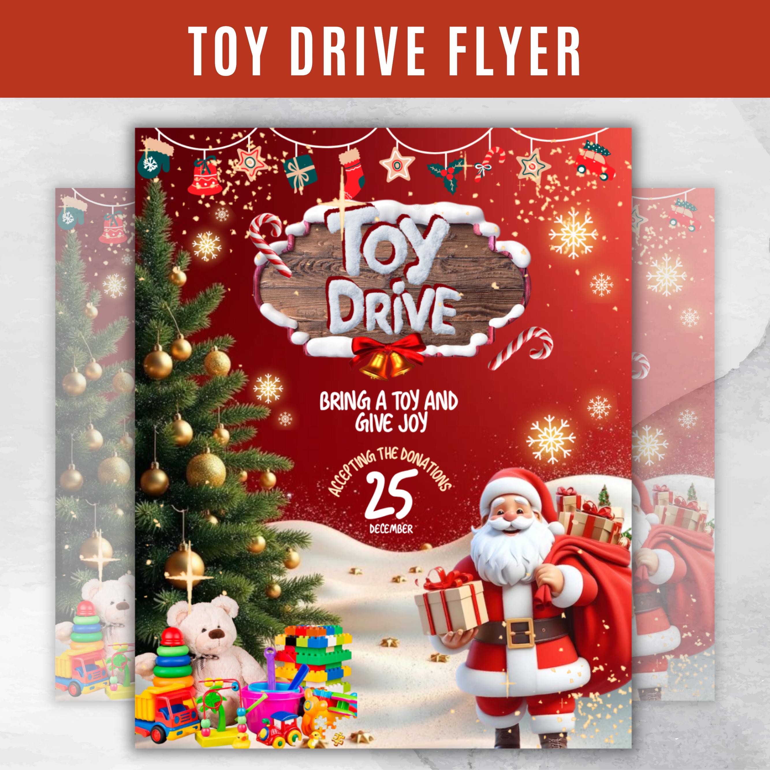 Festive Christmas Toy Drive Flyer Canva Template for Holiday Parties and Events - Editable and Customizable Design