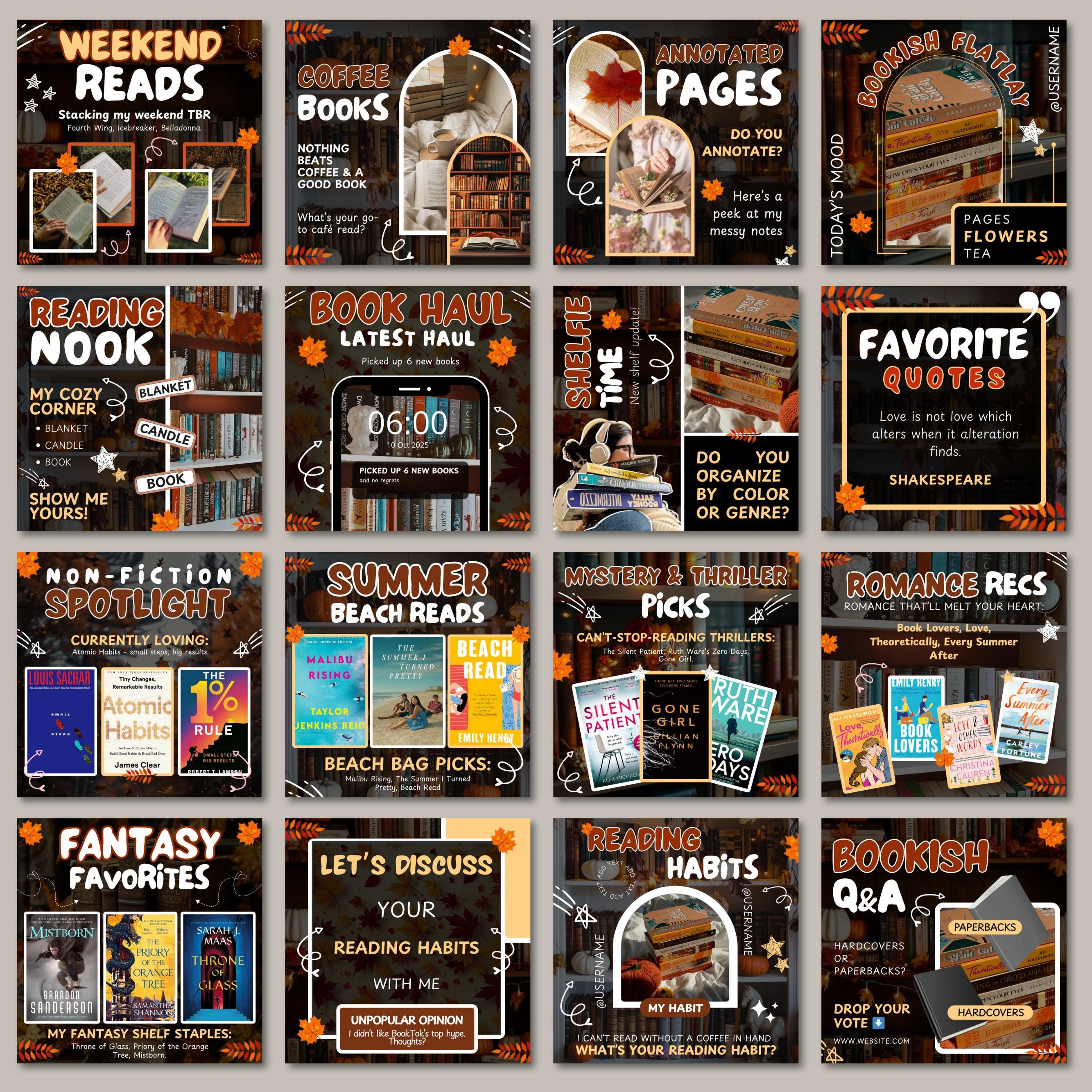 Autumn Bookstagram Carousel Template and Booktok Instagram Posts,Cozy Aesthetic Post for Book Lovers,Authors & Bloggers Social Media Content