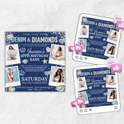 Denim & Diamonds Birthday Flyer | Editable Canva Template for Dinner Invites and Party Flyer | Elegant Blue Jean and Bling Digital Design