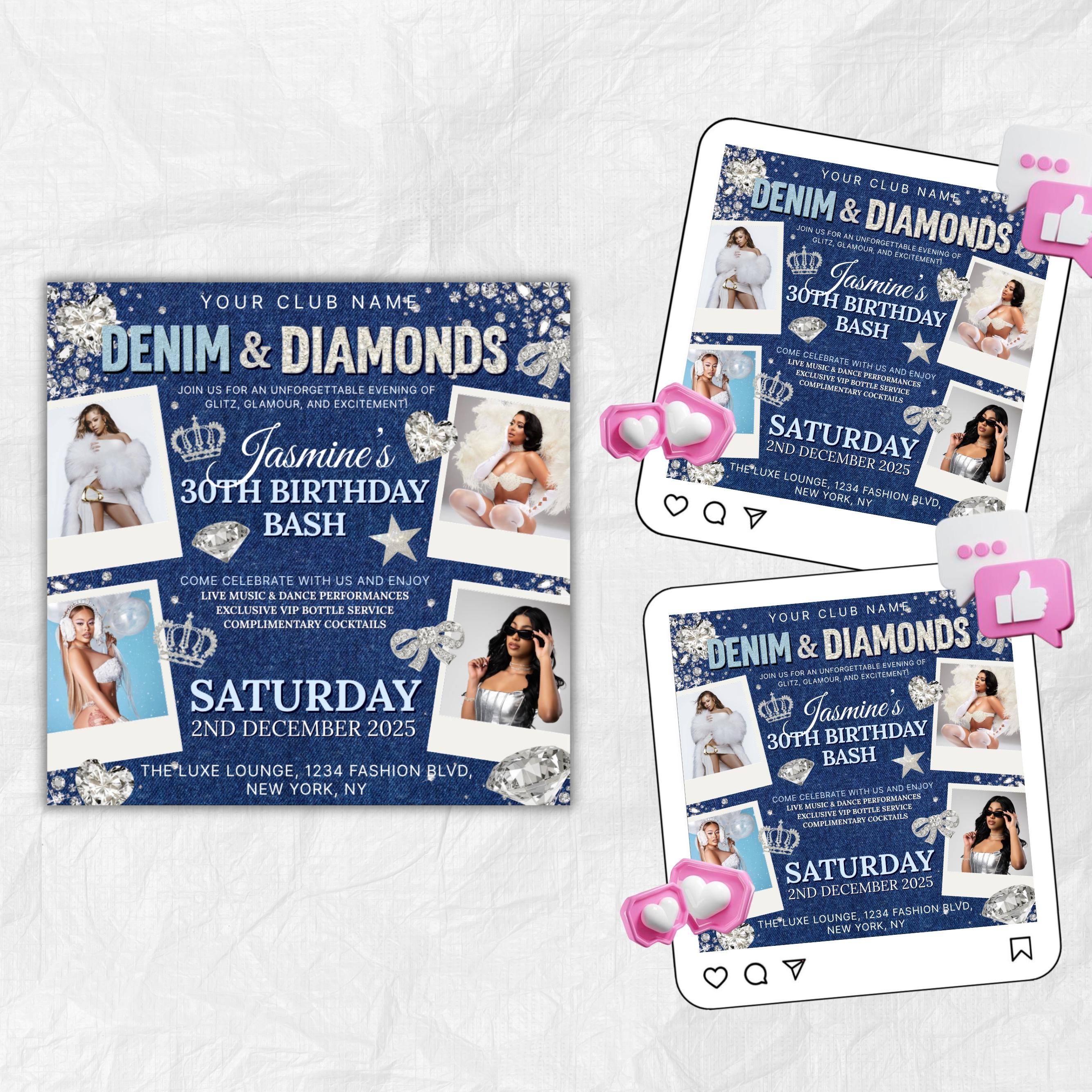 Denim & Diamonds Birthday Flyer | Editable Canva Template for Dinner Invites and Party Flyer | Elegant Blue Jean and Bling Digital Design
