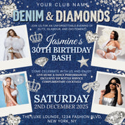 Denim & Diamonds Birthday Flyer | Editable Canva Template for Dinner Invites and Party Flyer | Elegant Blue Jean and Bling Digital Design