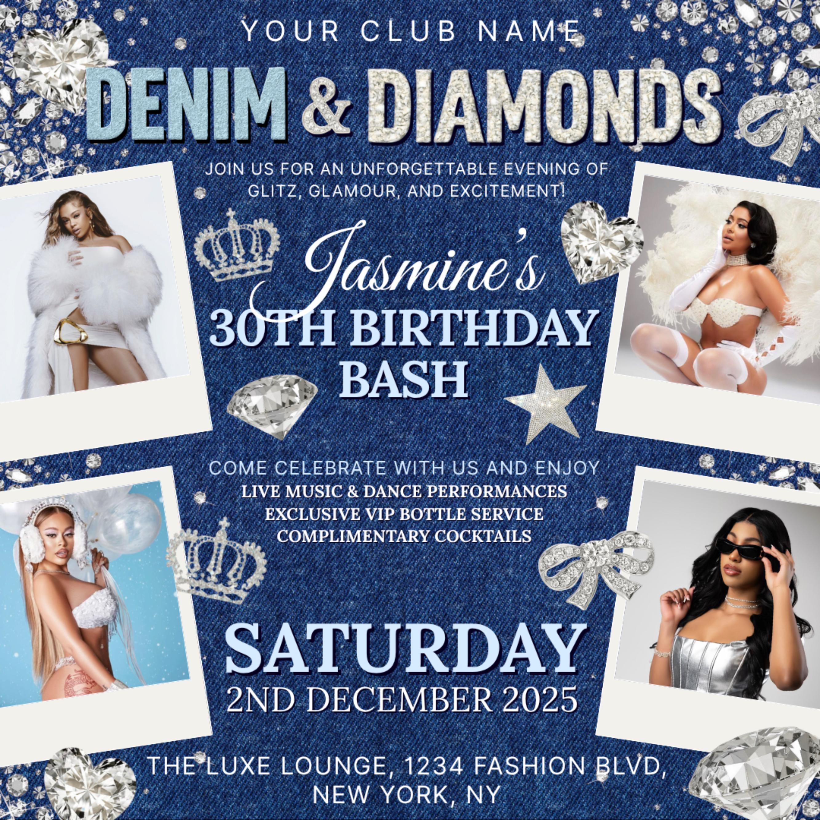Denim & Diamonds Birthday Flyer | Editable Canva Template for Dinner Invites and Party Flyer | Elegant Blue Jean and Bling Digital Design