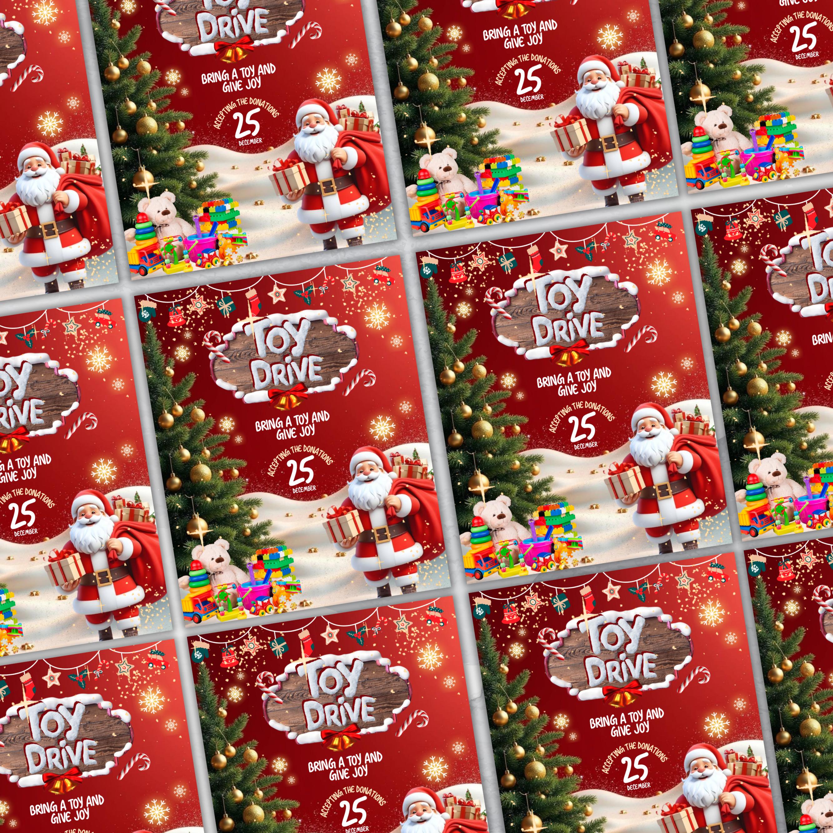 Festive Christmas Toy Drive Flyer Canva Template for Holiday Parties and Events - Editable and Customizable Design