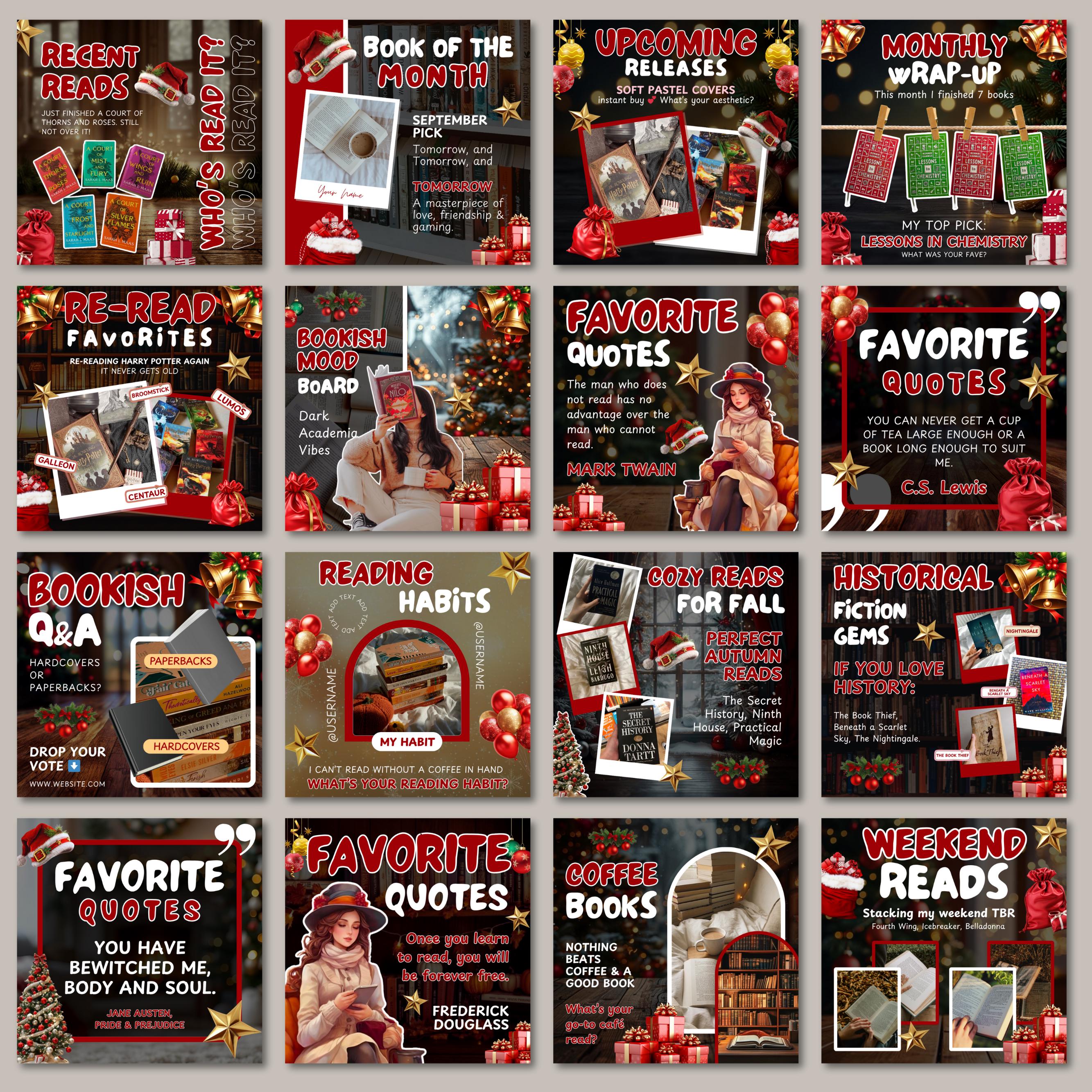 Christmas Bookstagram Carousel Template, Booktok Instagram Posts,Cozy Aesthetic Post for Book Lovers,Authors & Bloggers Social Media Content