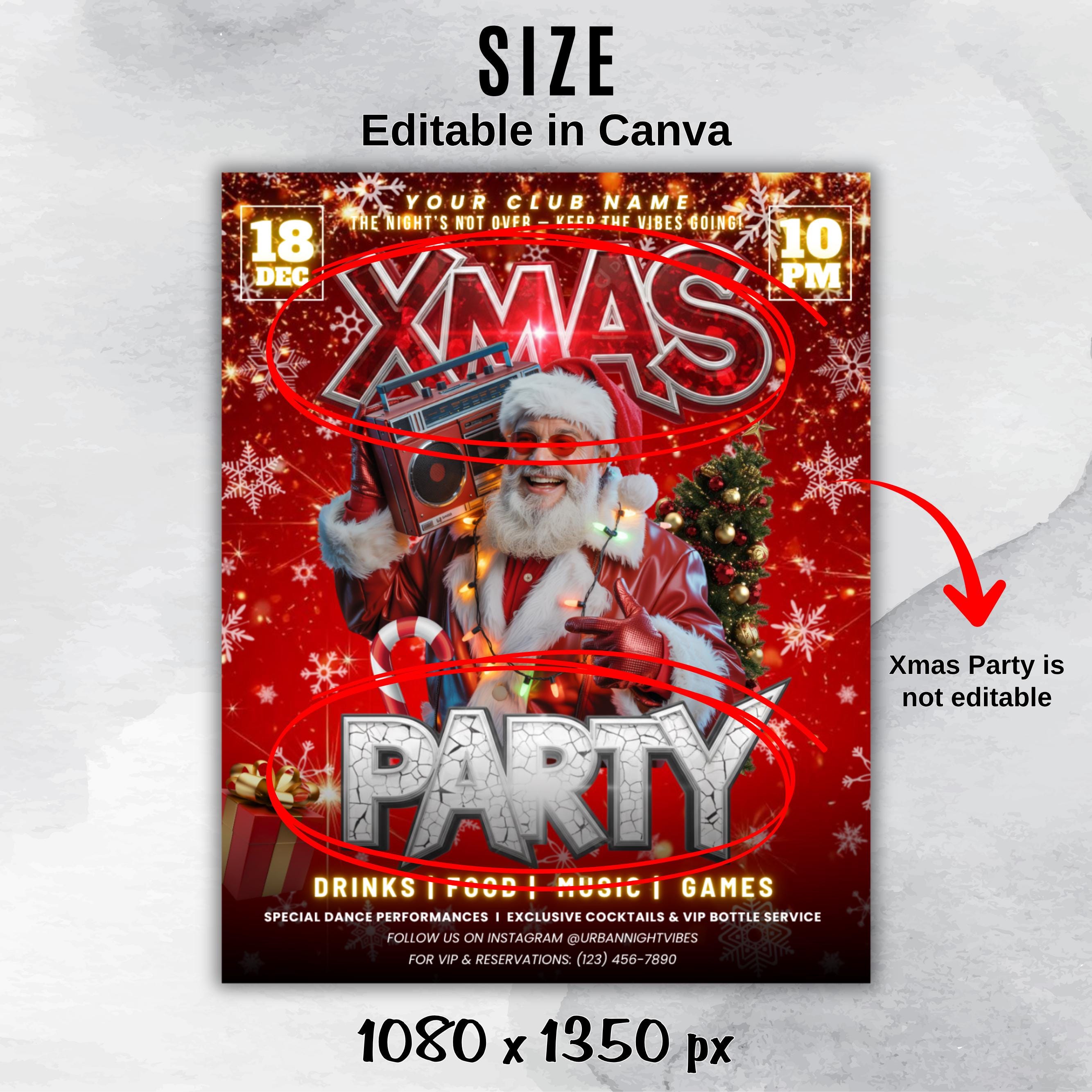 Christmas Party Flyer, Nightclub Flyer For Christmas Celebration, Holiday Dj Party Flyer Template, Canva Editable Santa Party Flyer