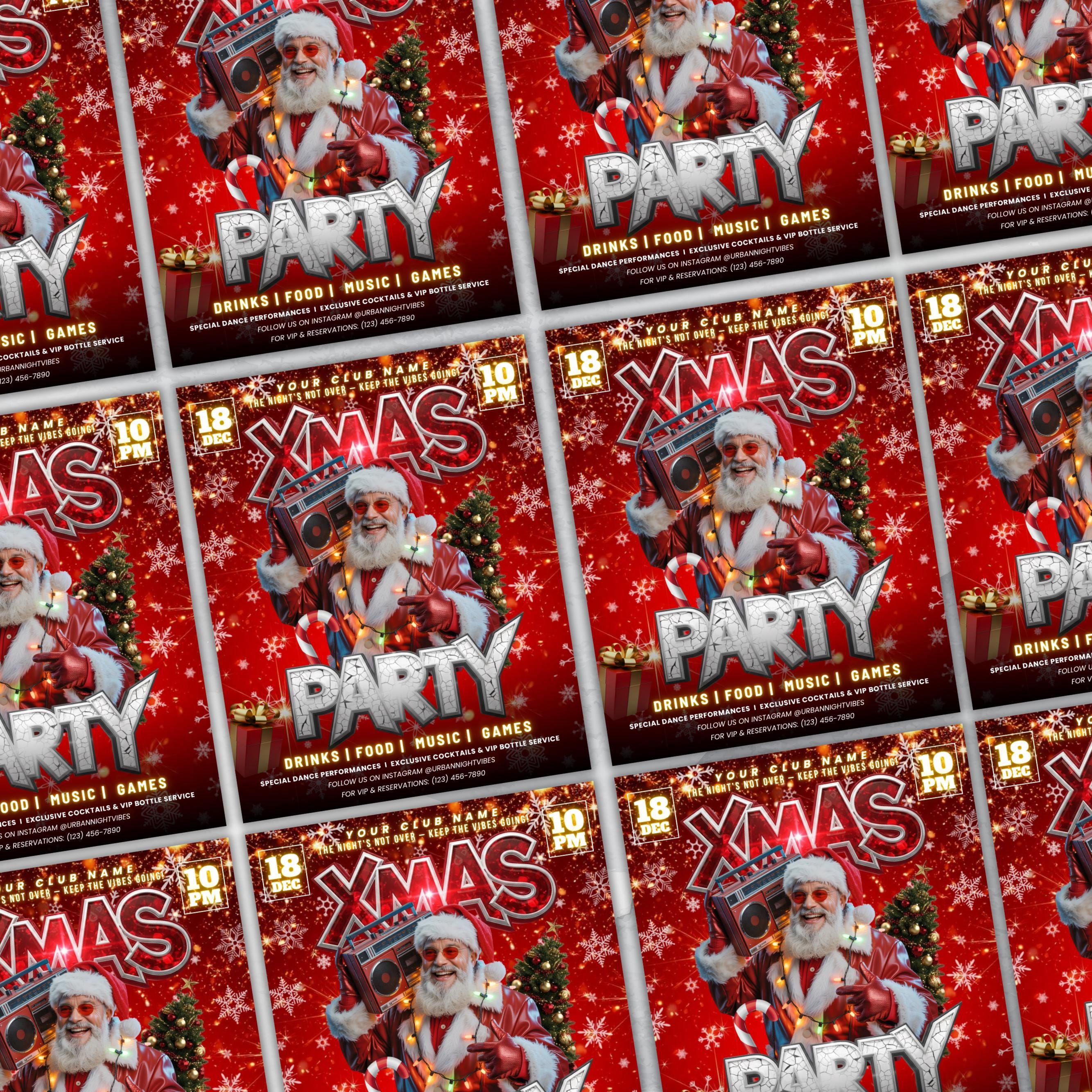 Christmas Party Flyer, Nightclub Flyer For Christmas Celebration, Holiday Dj Party Flyer Template, Canva Editable Santa Party Flyer
