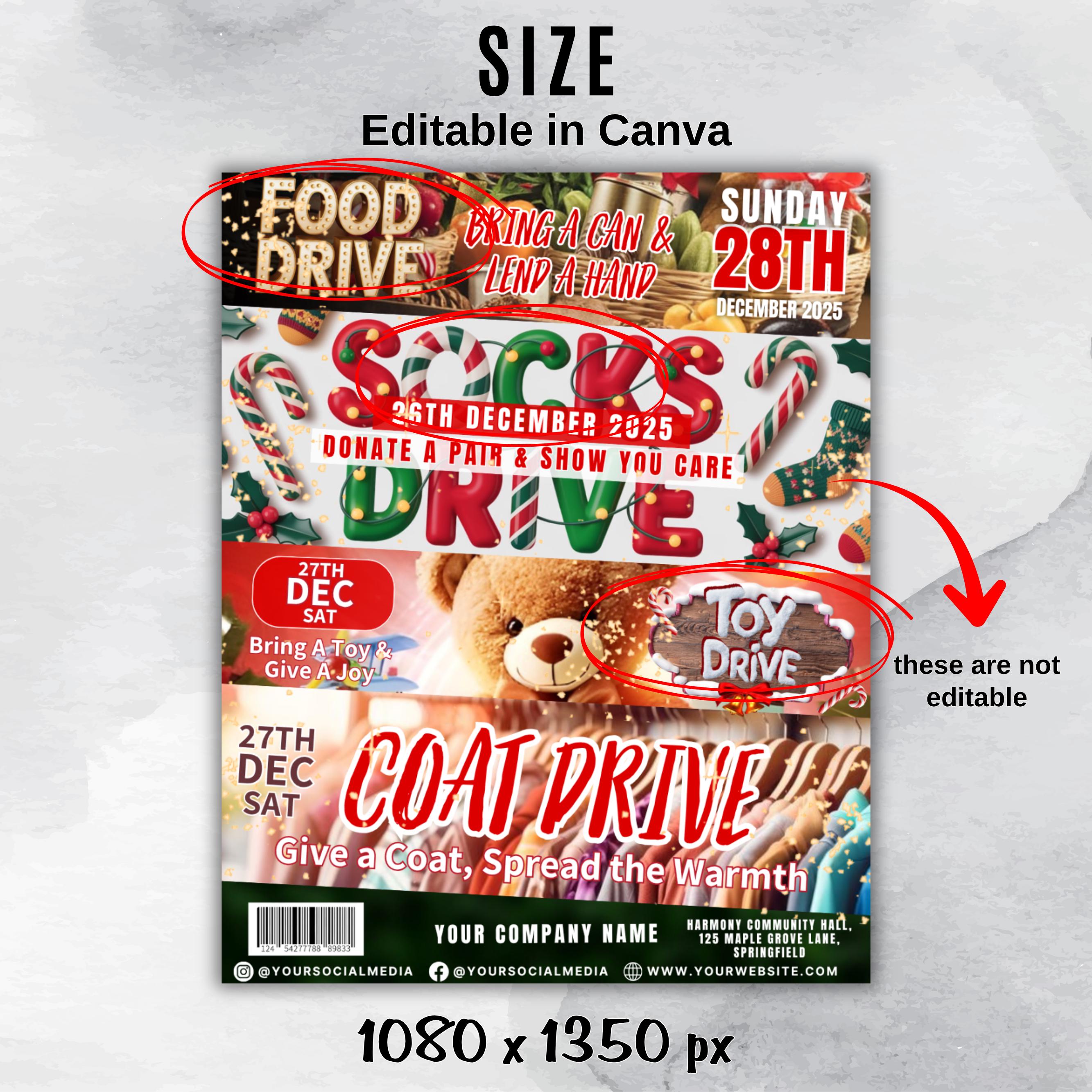 Customizable Christmas Drive Flyer for Toy, Food, Socks, and Coat Drives - Perfect for Community Events