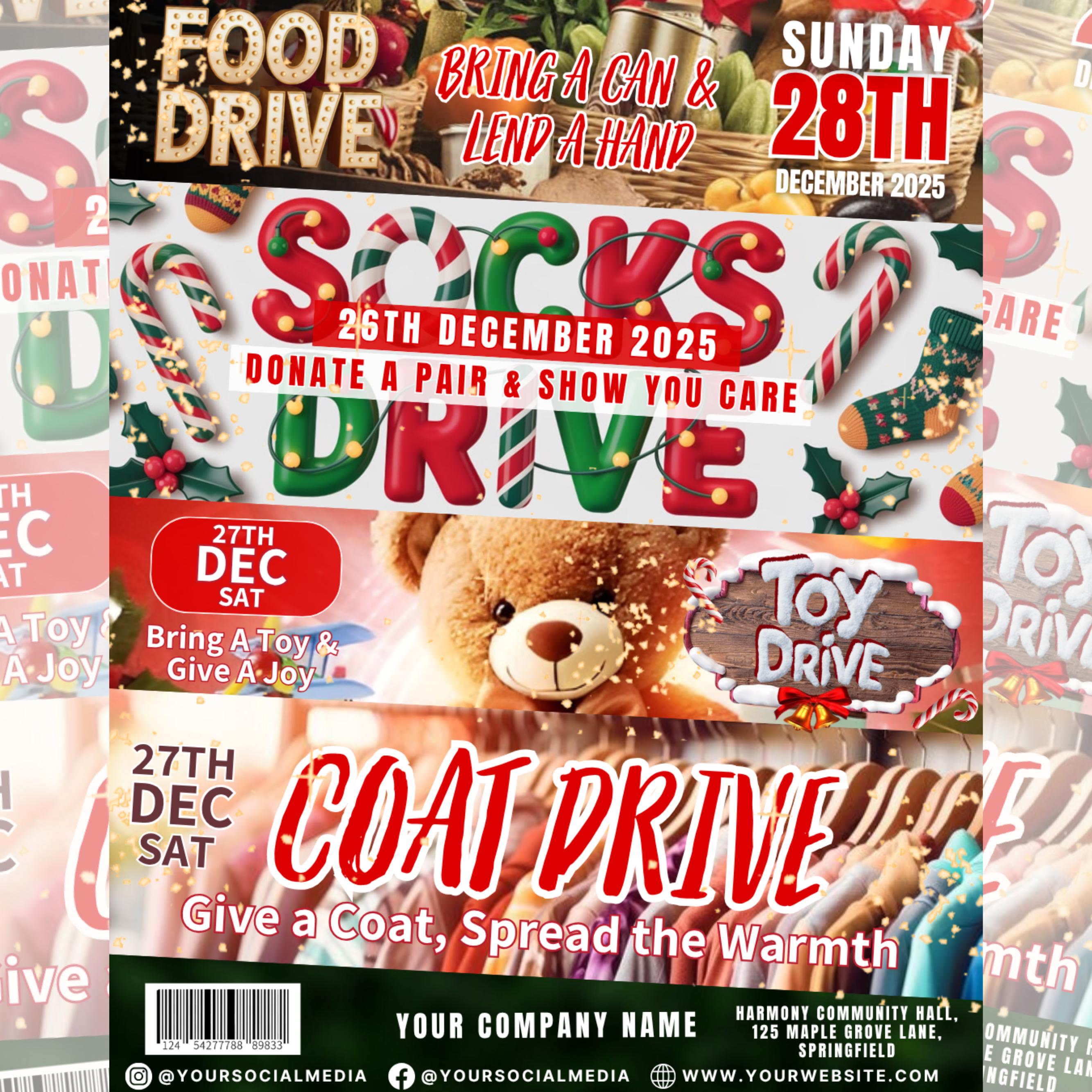 Customizable Christmas Drive Flyer for Toy, Food, Socks, and Coat Drives - Perfect for Community Events