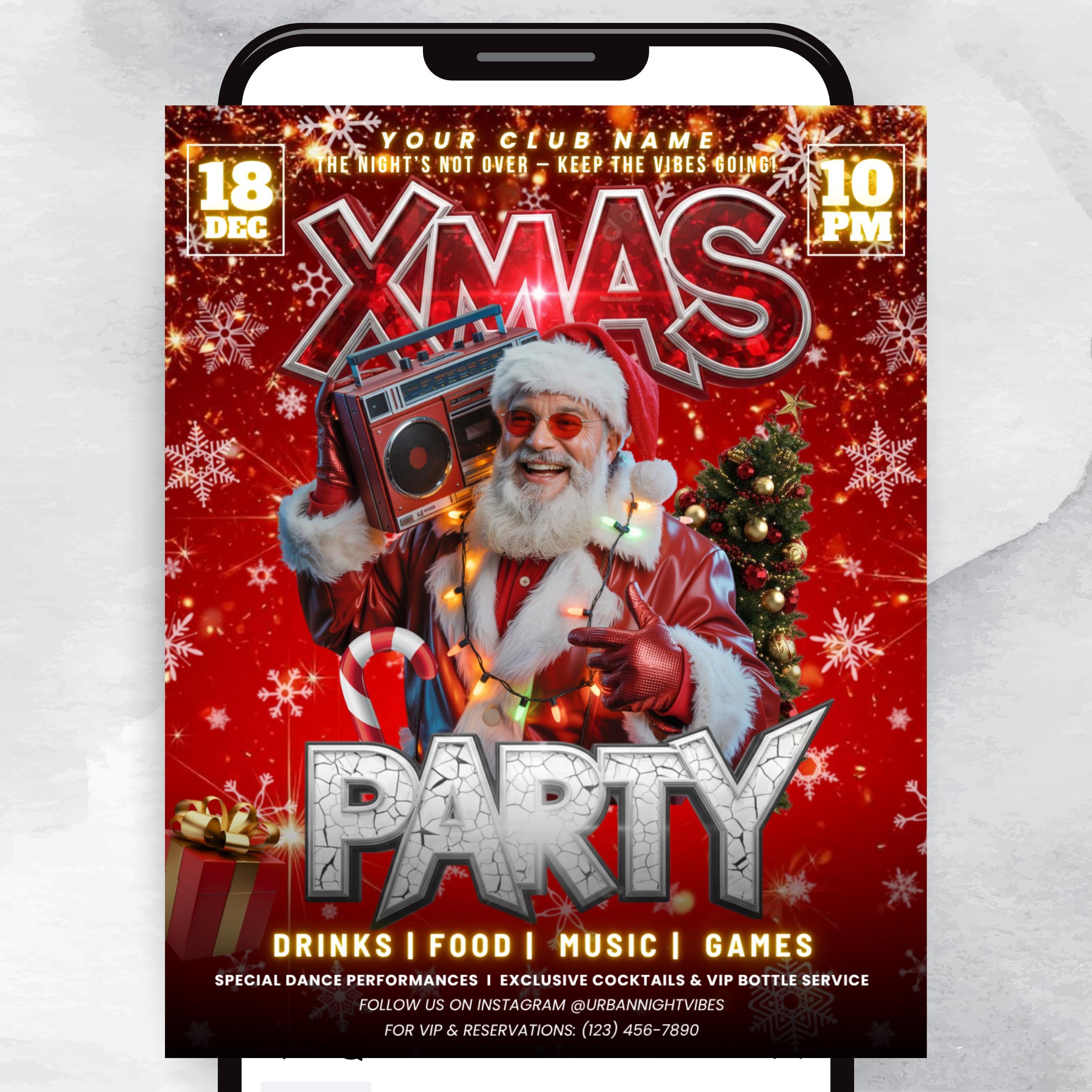Christmas Party Flyer, Nightclub Flyer For Christmas Celebration, Holiday Dj Party Flyer Template, Canva Editable Santa Party Flyer