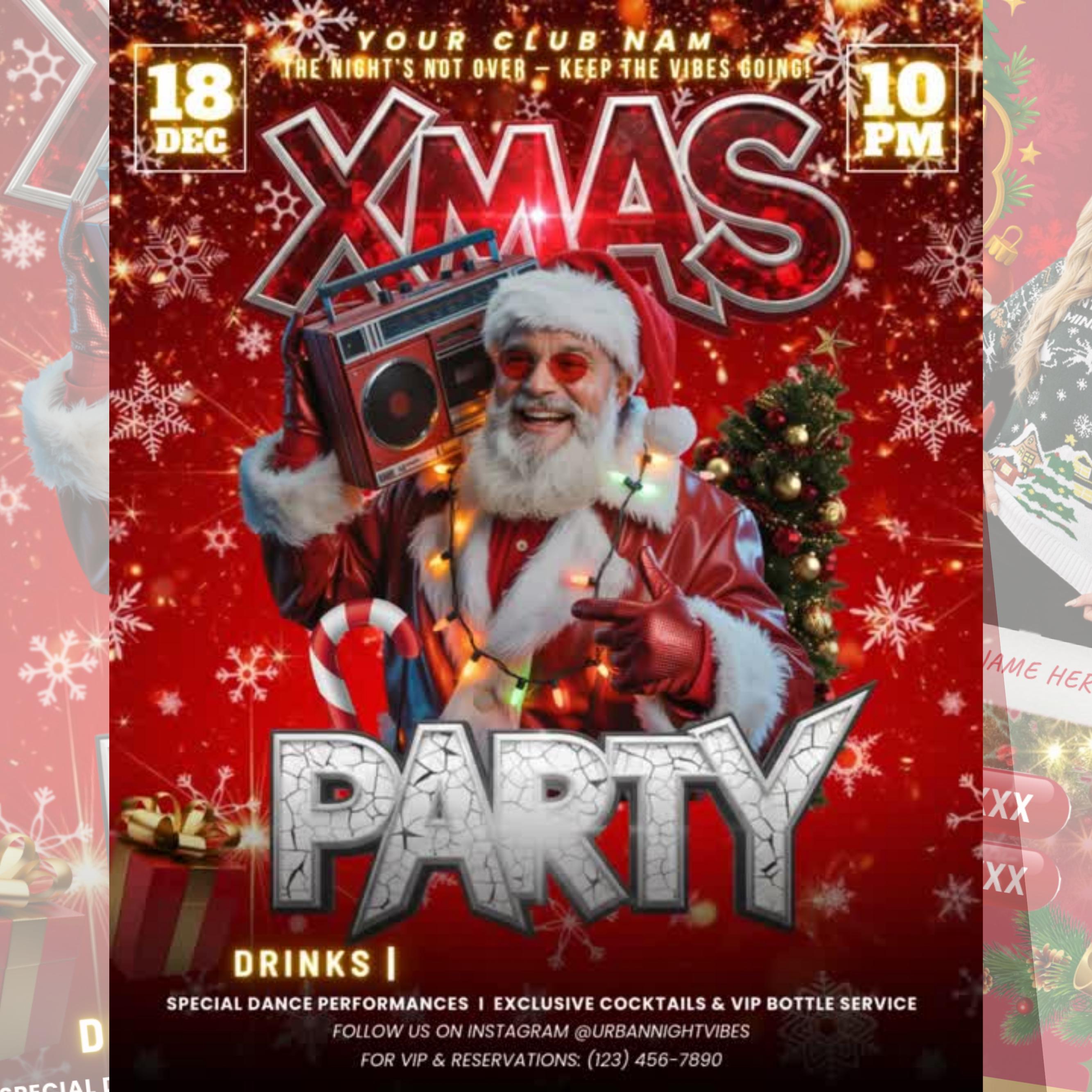 Christmas Party Flyer, Nightclub Flyer For Christmas Celebration, Holiday Dj Party Flyer Template, Canva Editable Santa Party Flyer