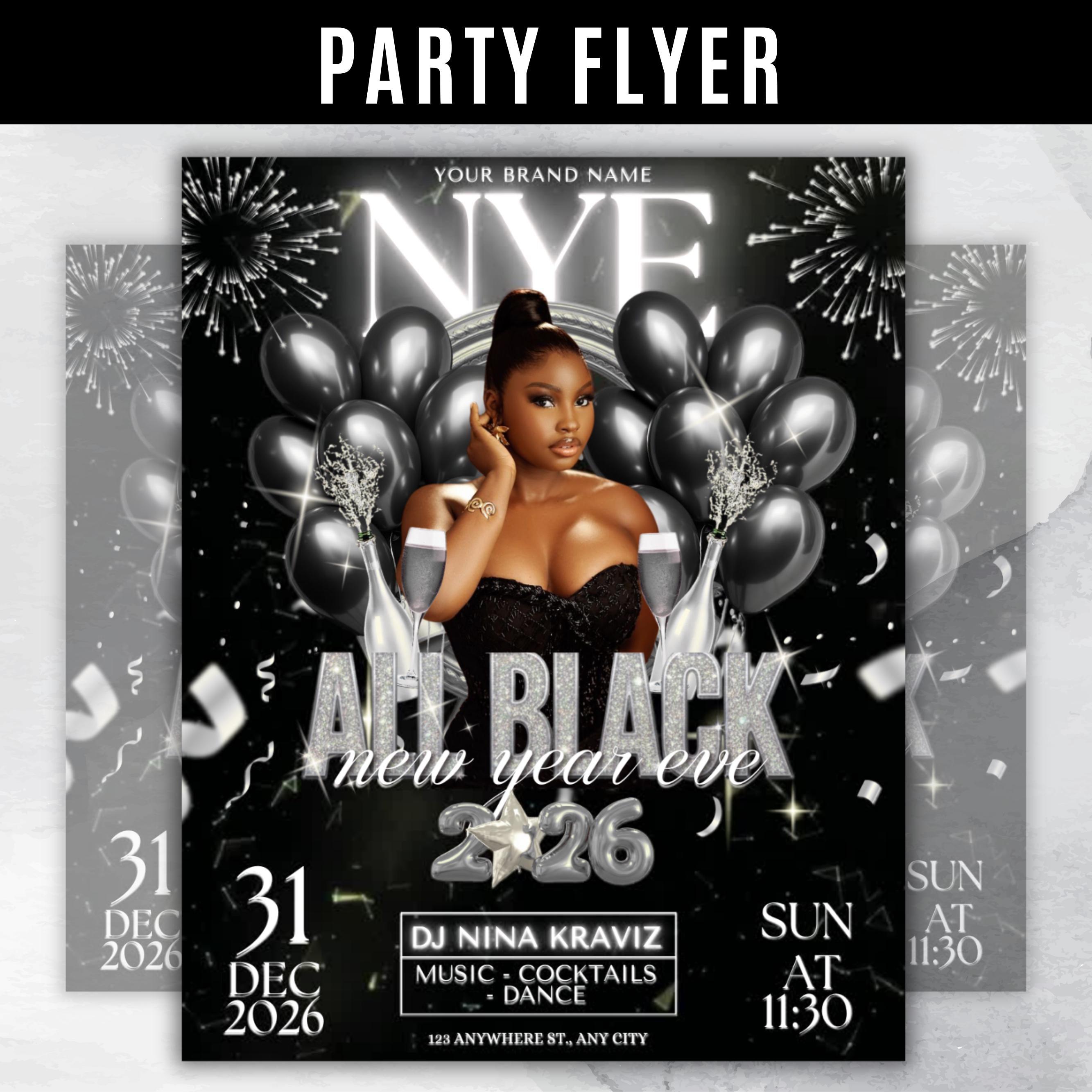 New Year Eve Party Flyer, All Black 2026 NYE Flyer, Night Event Flyer, DIY Event Flyer, Dj Party Flyer Template, Countdown Night Event Flyer