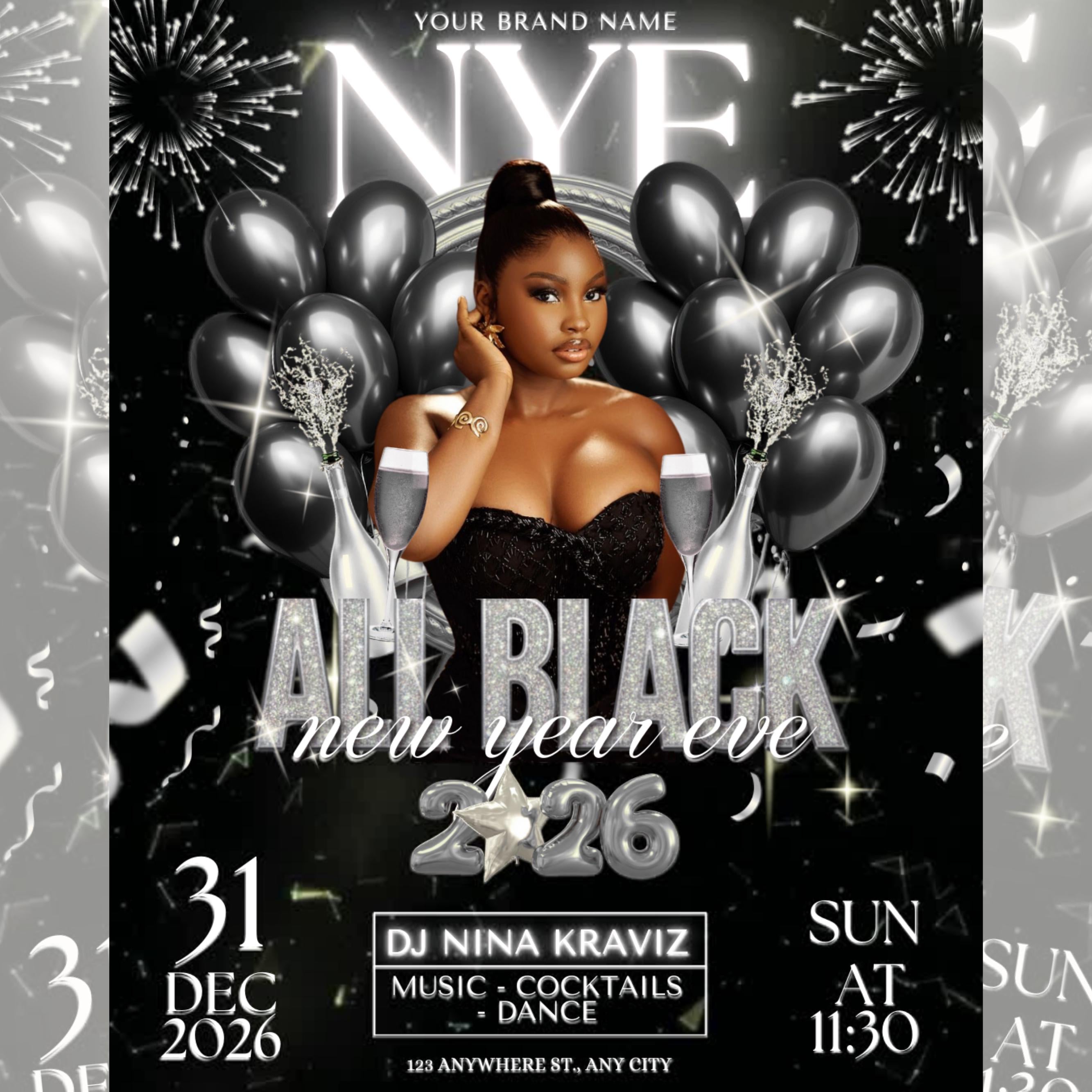 New Year Eve Party Flyer, All Black 2026 NYE Flyer, Night Event Flyer, DIY Event Flyer, Dj Party Flyer Template, Countdown Night Event Flyer
