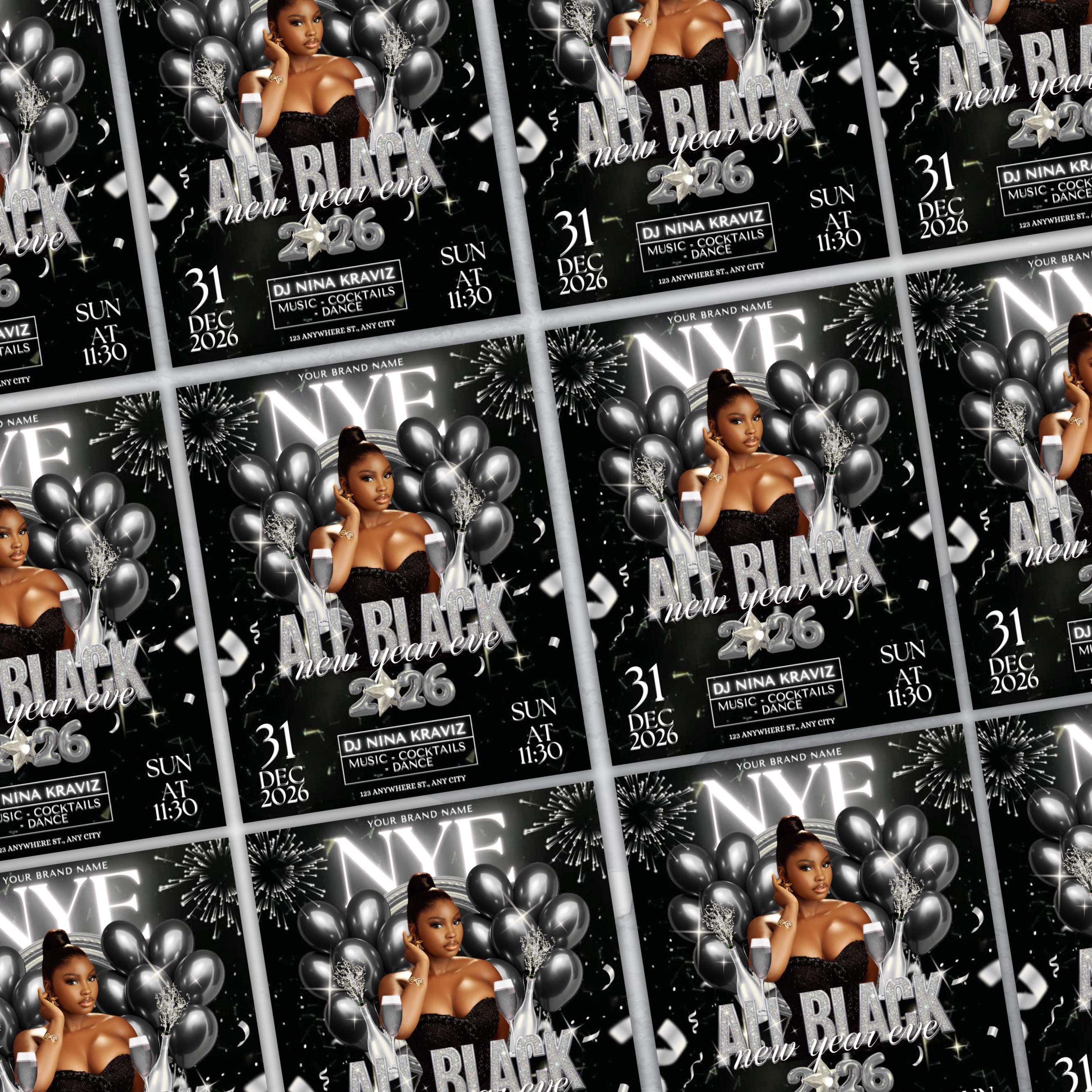 New Year Eve Party Flyer, All Black 2026 NYE Flyer, Night Event Flyer, DIY Event Flyer, Dj Party Flyer Template, Countdown Night Event Flyer