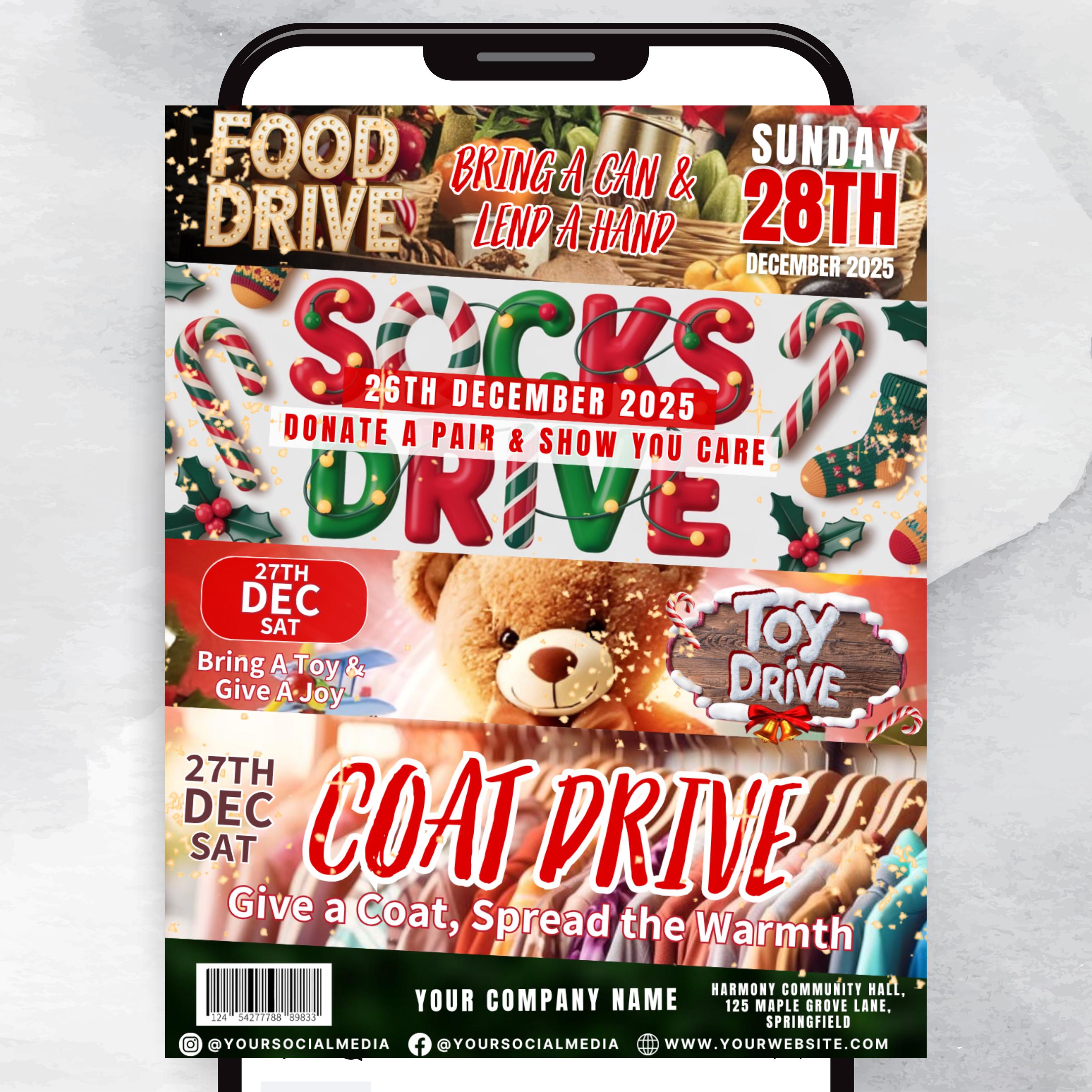Customizable Christmas Drive Flyer for Toy, Food, Socks, and Coat Drives - Perfect for Community Events