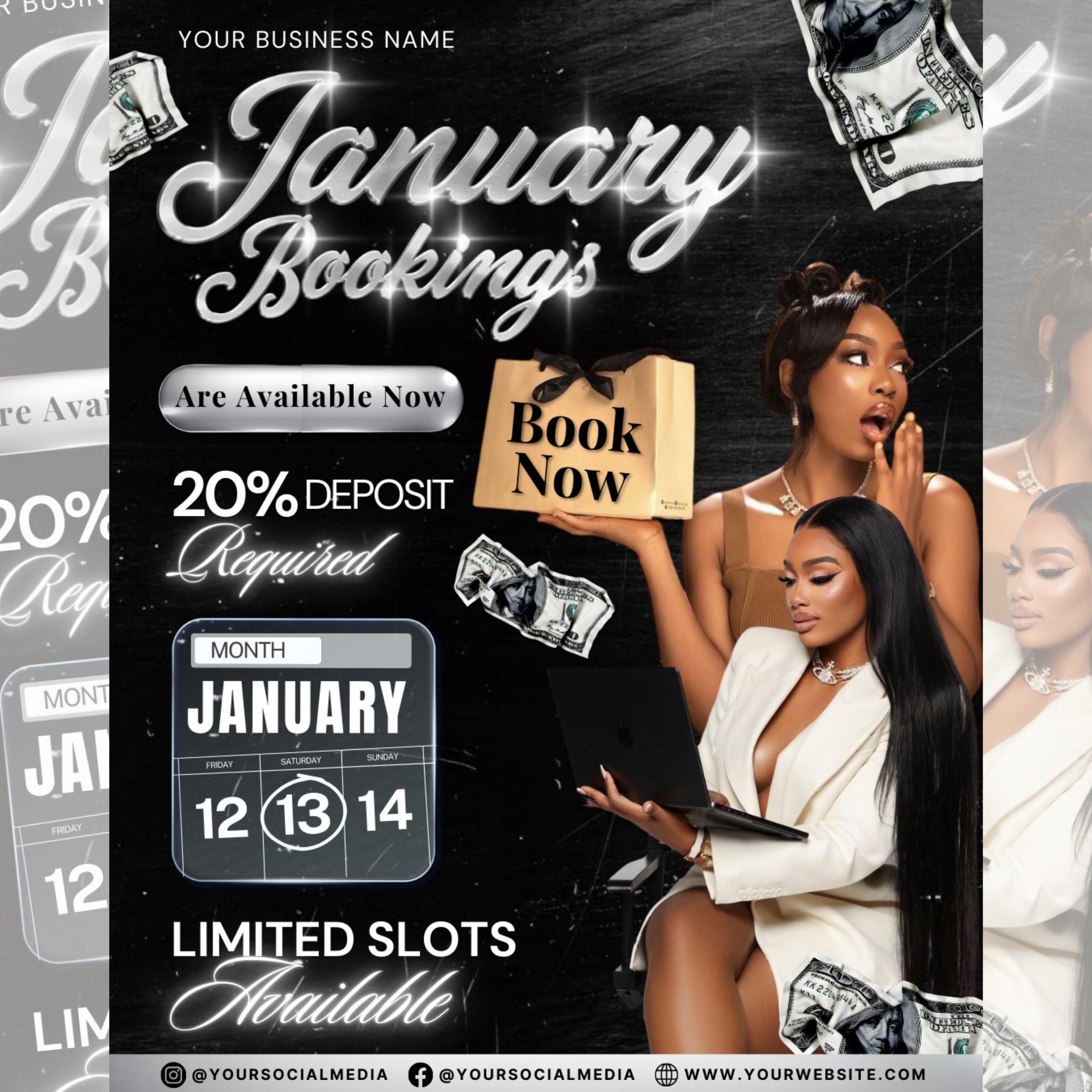January Booking Flyer Template | New Year Bookings Canva | Hair Lash Nail Makeup | Book Now Flyer | Jan Appointments
