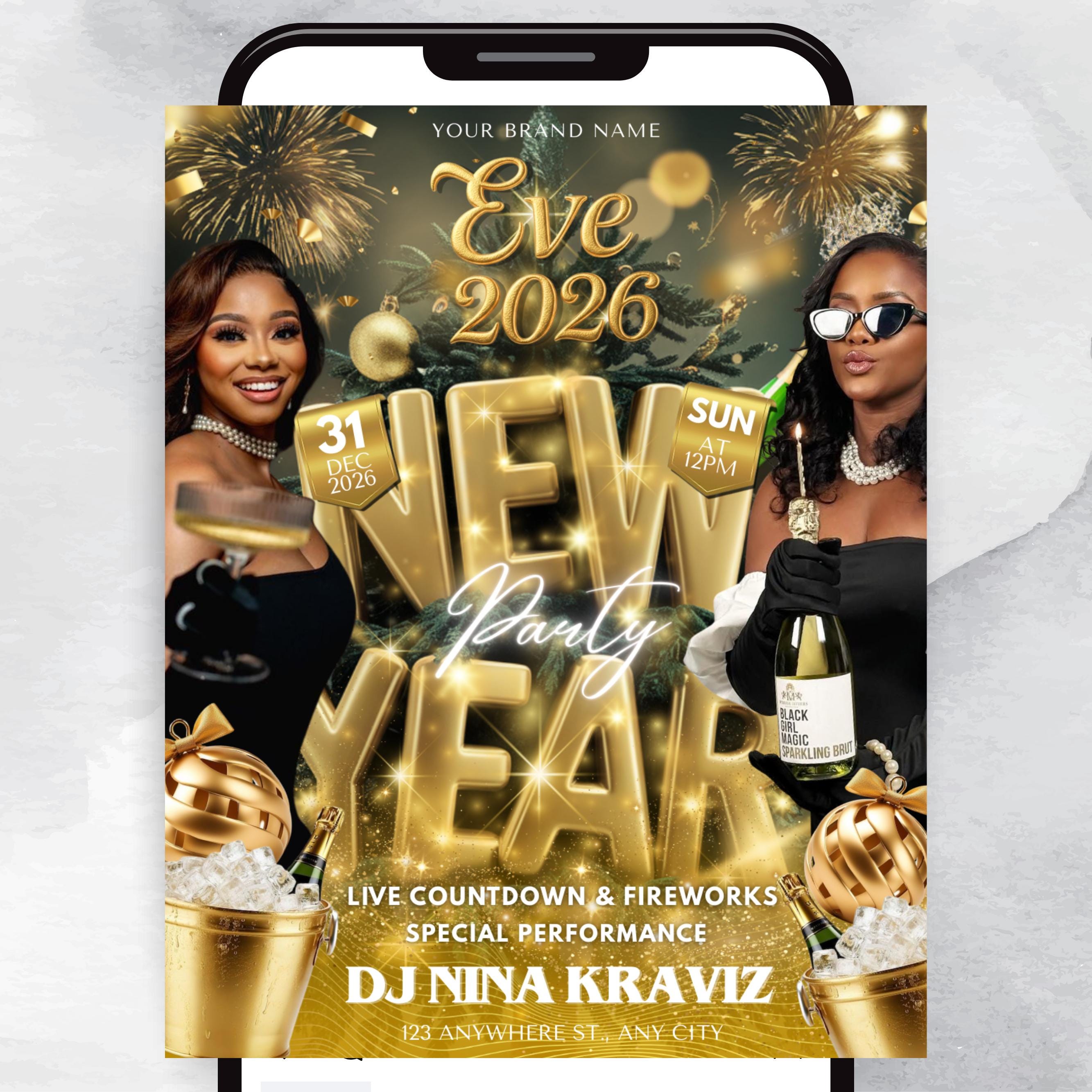 New Year Party Flyer 2026 Canva Template | Happy New Year Countdown Event Flyer | DJ Nightclub Party Invitation