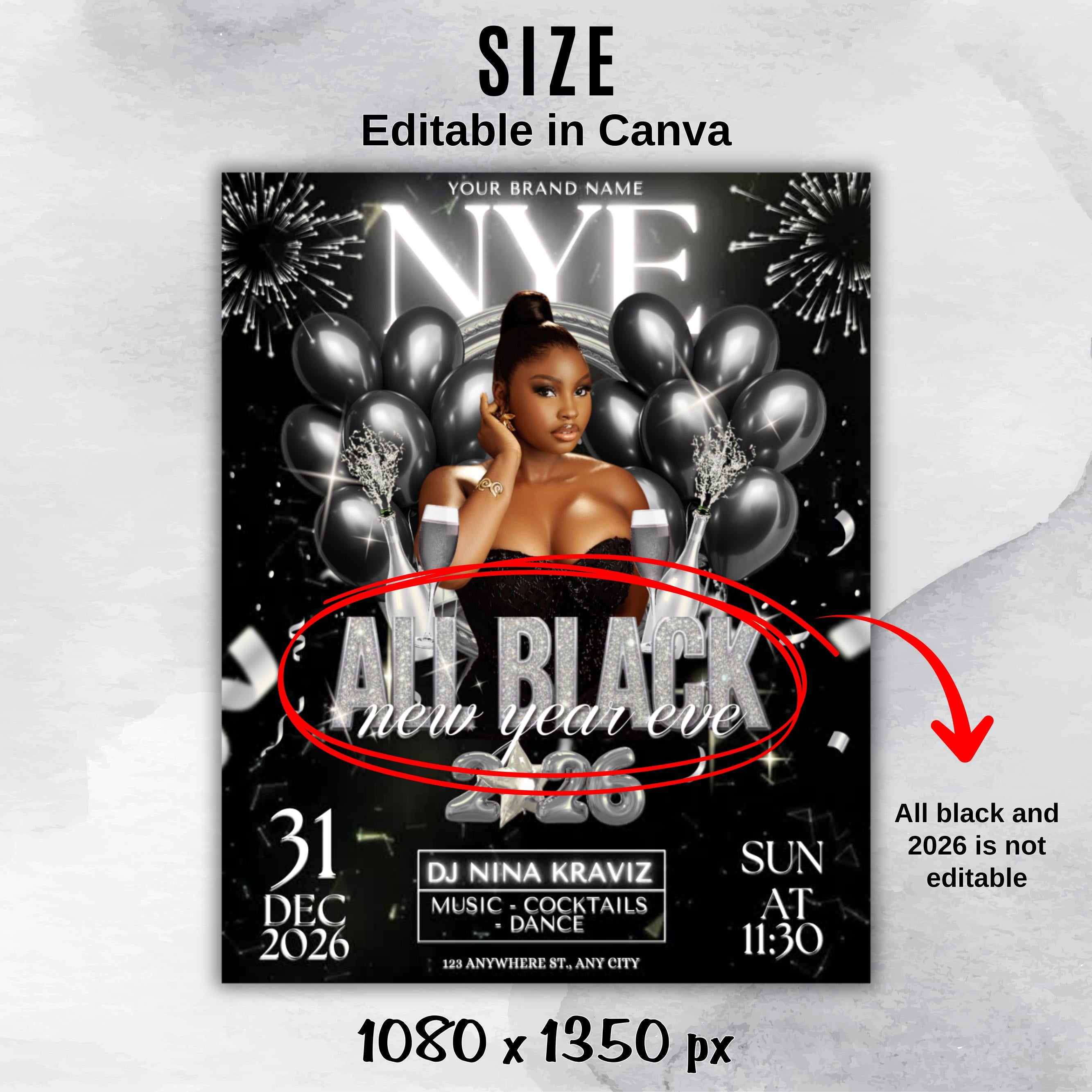New Year Eve Party Flyer, All Black 2026 NYE Flyer, Night Event Flyer, DIY Event Flyer, Dj Party Flyer Template, Countdown Night Event Flyer
