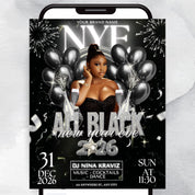 New Year Eve Party Flyer, All Black 2026 NYE Flyer, Night Event Flyer, DIY Event Flyer, Dj Party Flyer Template, Countdown Night Event Flyer