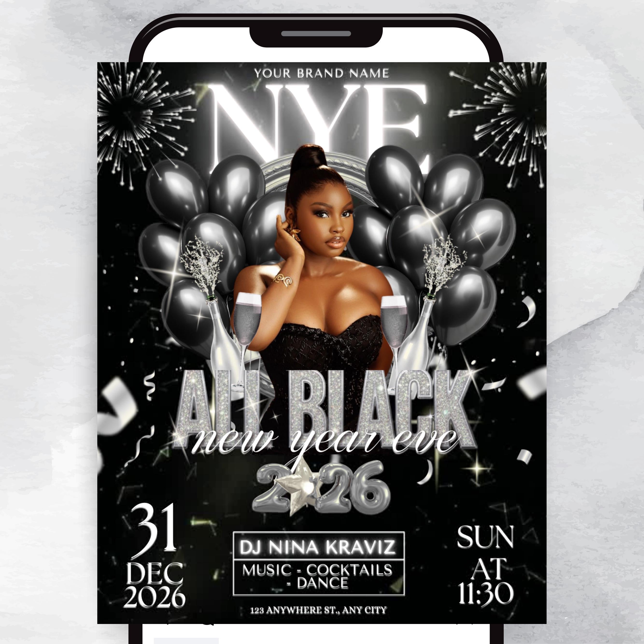 New Year Eve Party Flyer, All Black 2026 NYE Flyer, Night Event Flyer, DIY Event Flyer, Dj Party Flyer Template, Countdown Night Event Flyer