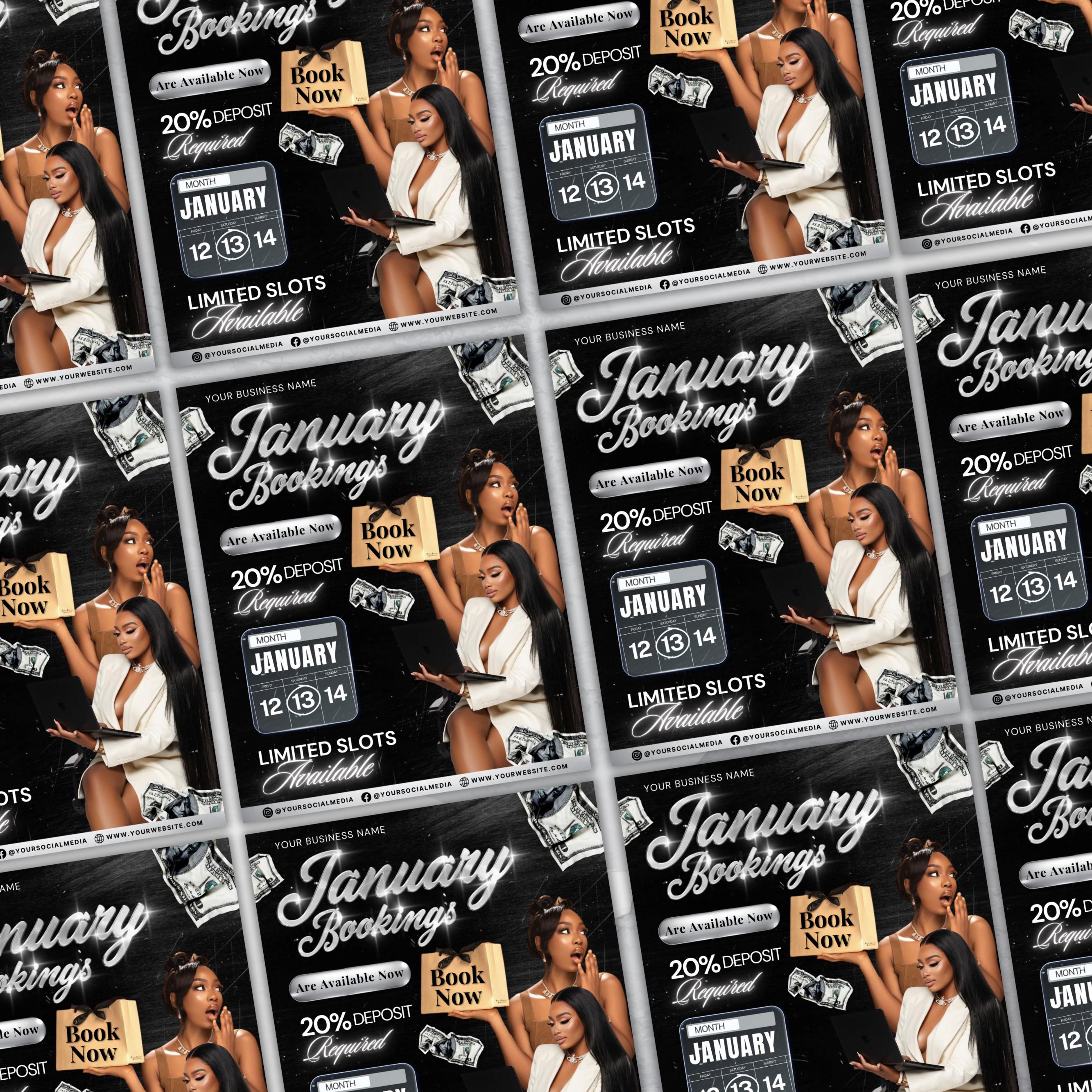 January Booking Flyer Template | New Year Bookings Canva | Hair Lash Nail Makeup | Book Now Flyer | Jan Appointments