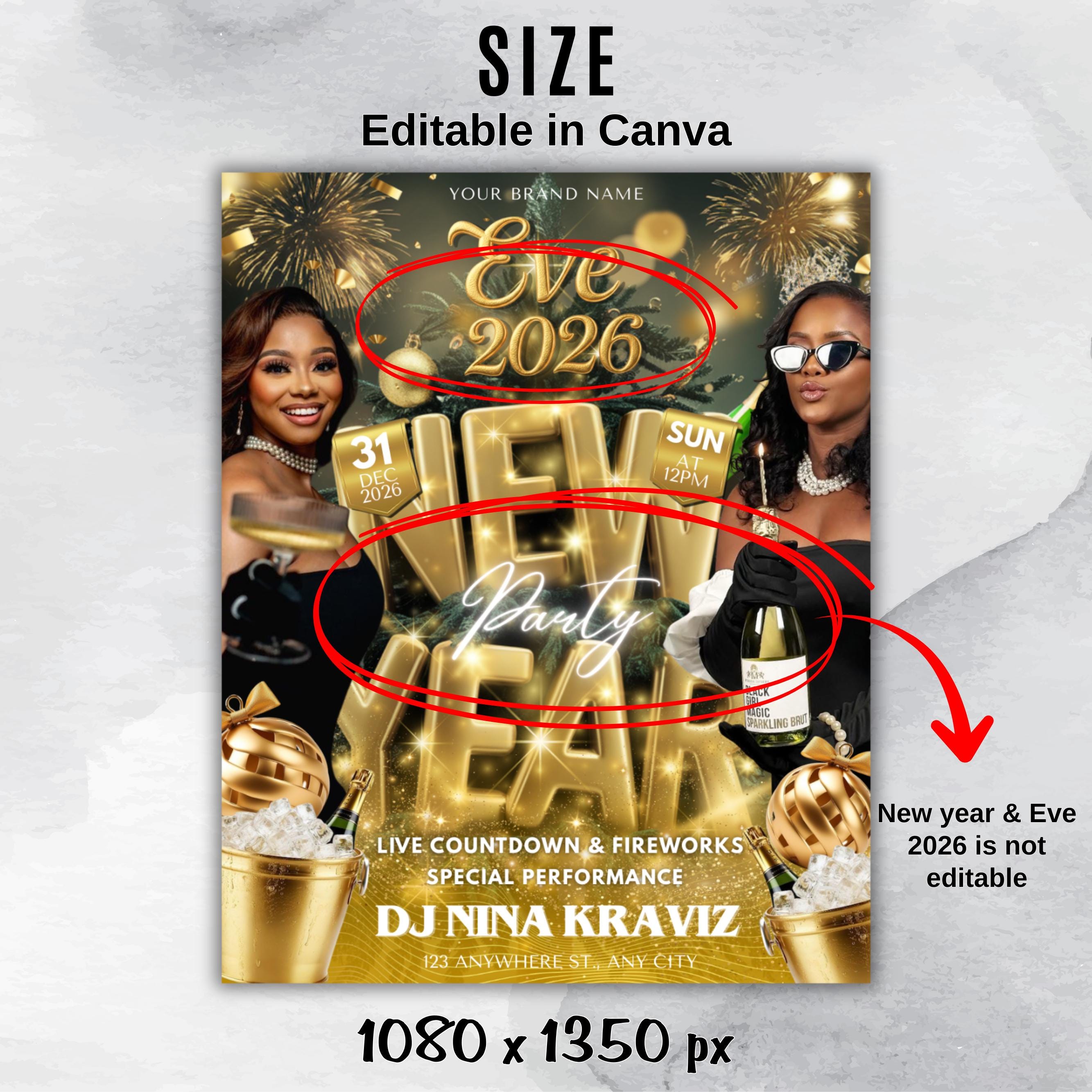 New Year Party Flyer 2026 Canva Template | Happy New Year Countdown Event Flyer | DJ Nightclub Party Invitation