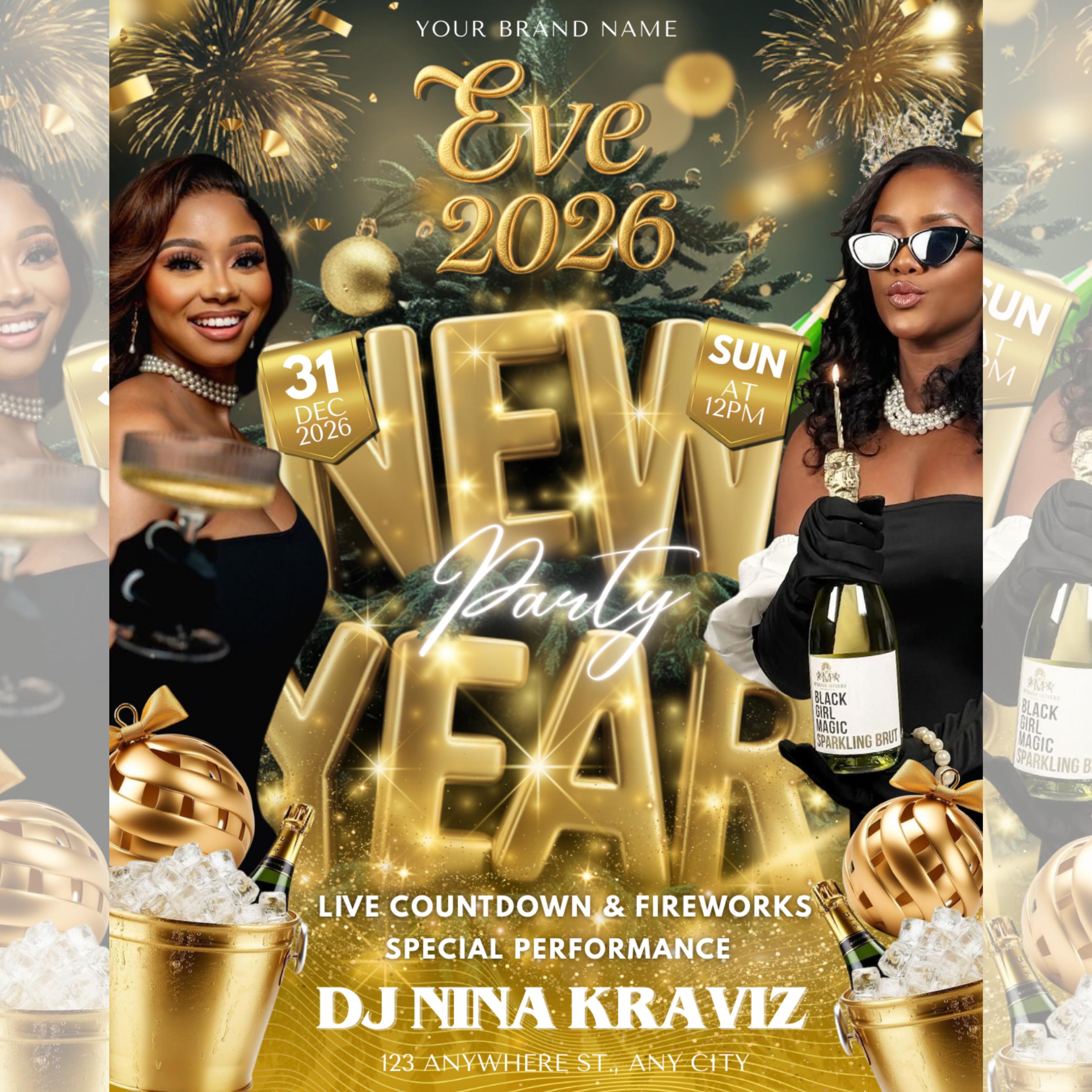 New Year Party Flyer 2026 Canva Template | Happy New Year Countdown Event Flyer | DJ Nightclub Party Invitation