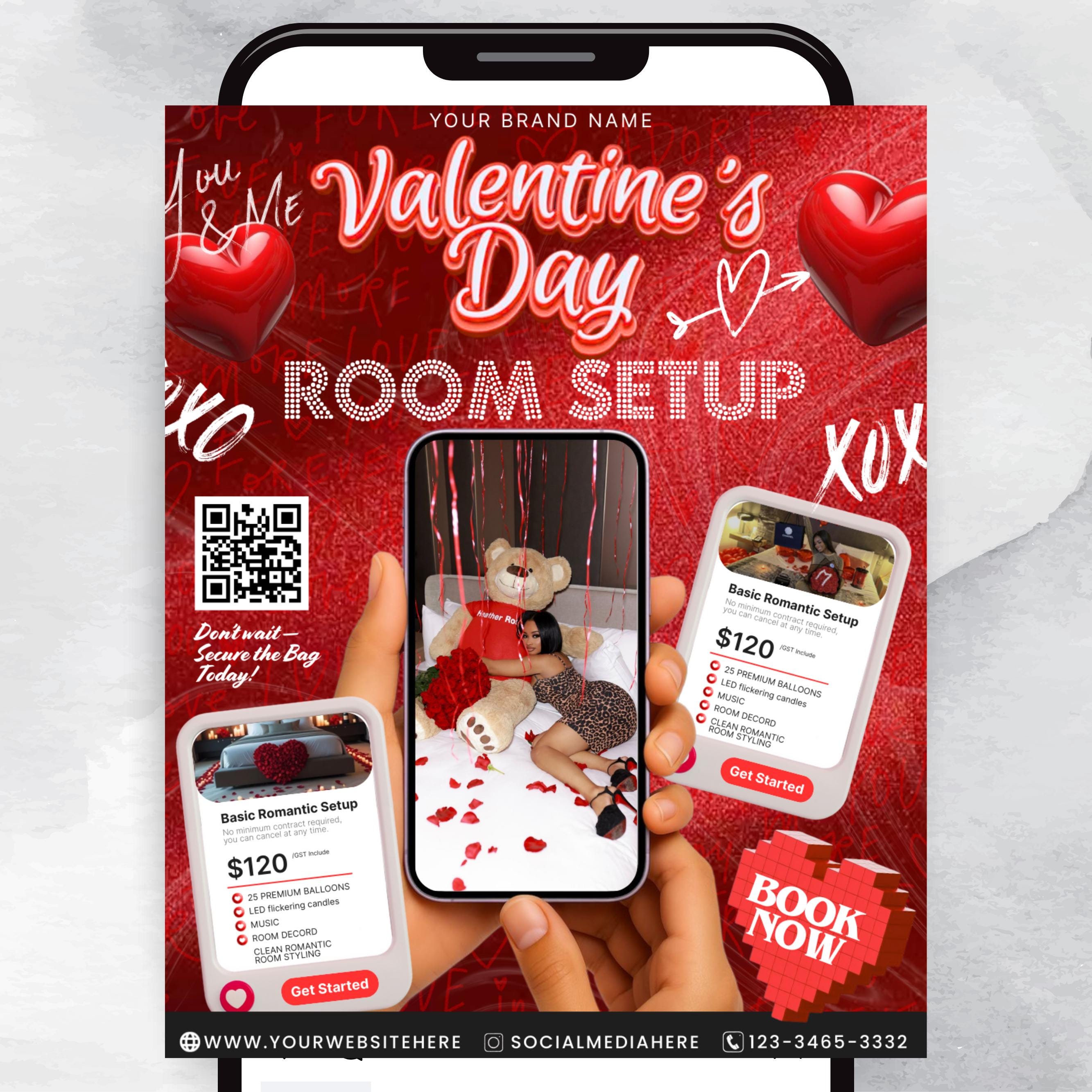 Room Setup Valentines Booking Flyer, Valentine Room Setup Flyer, Valentines Day Flyer, Room Decoration Flyer,Hotel Book Flyer,Canva Template