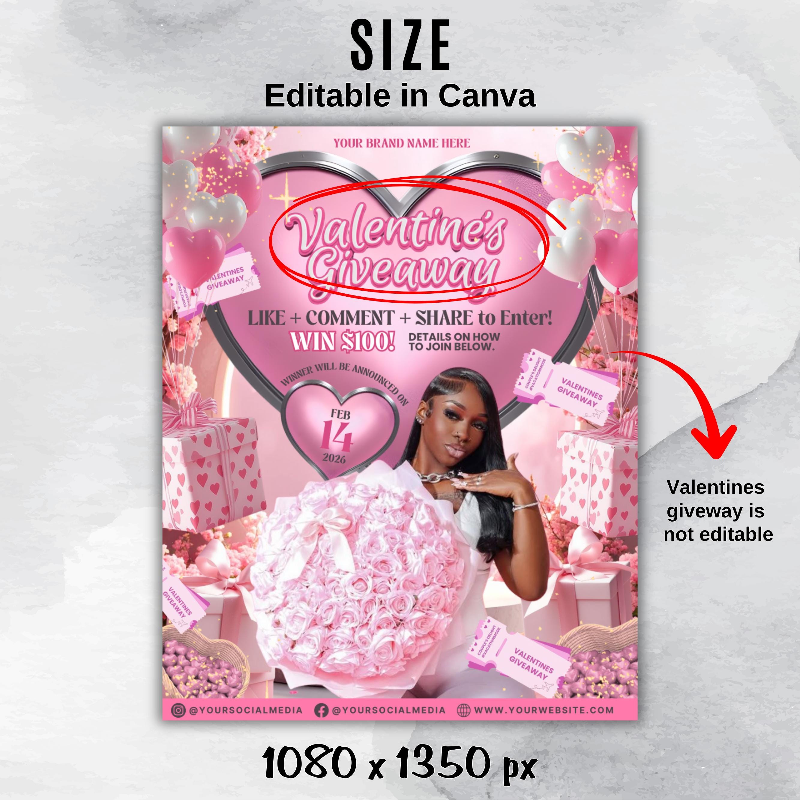 Giveaway Flyer For Valentines Day, DIY Flyer Template Design, February Raffle Flyer, Valentine's Giveaway Ticket Flyer, Canva Editable Flyer