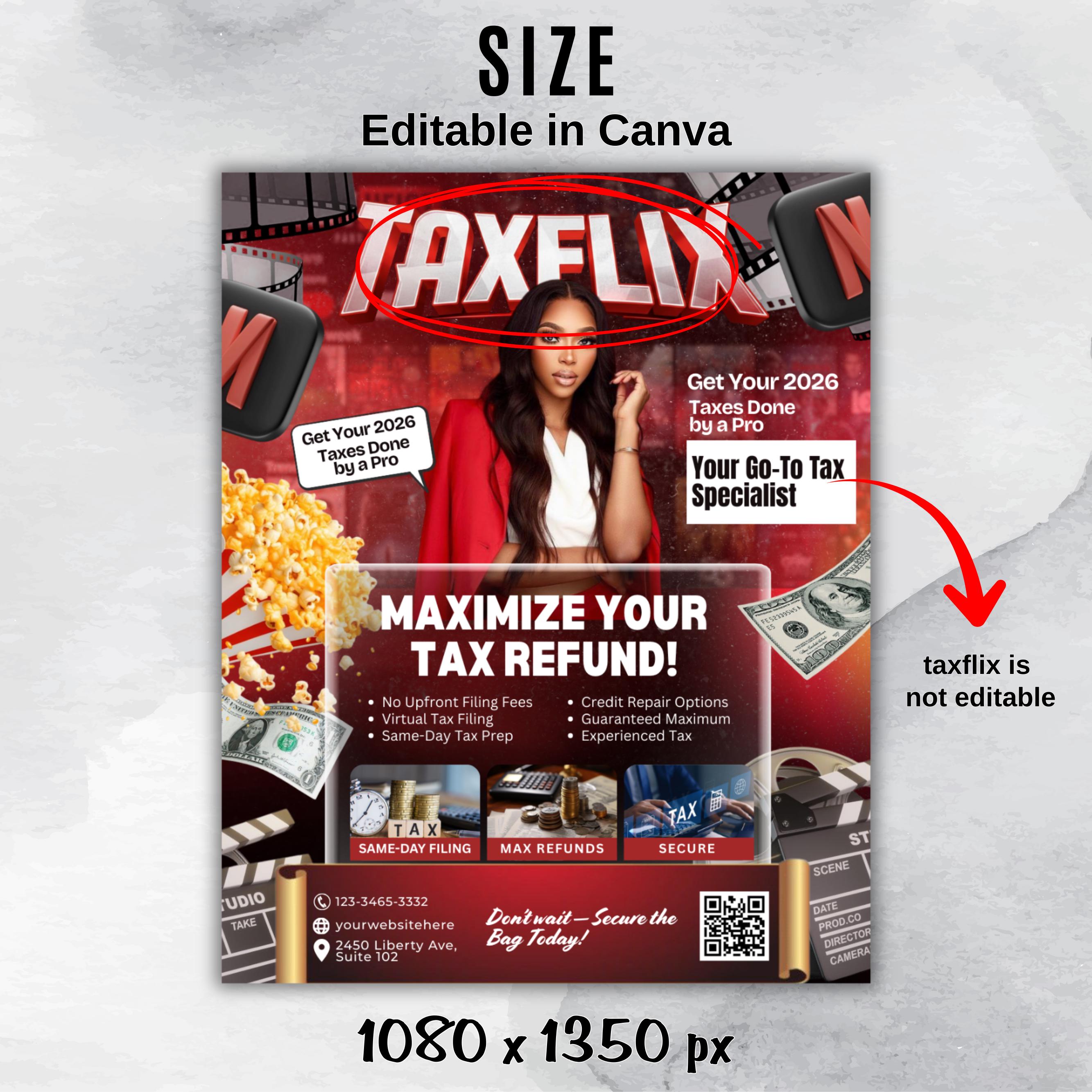 Taxflix Flyer For Tax Season, Modern Tax Prep Flyer, Editable Tax Refund Preparation, Accountant Marketing Flyer, Canva Tax Business Flyer