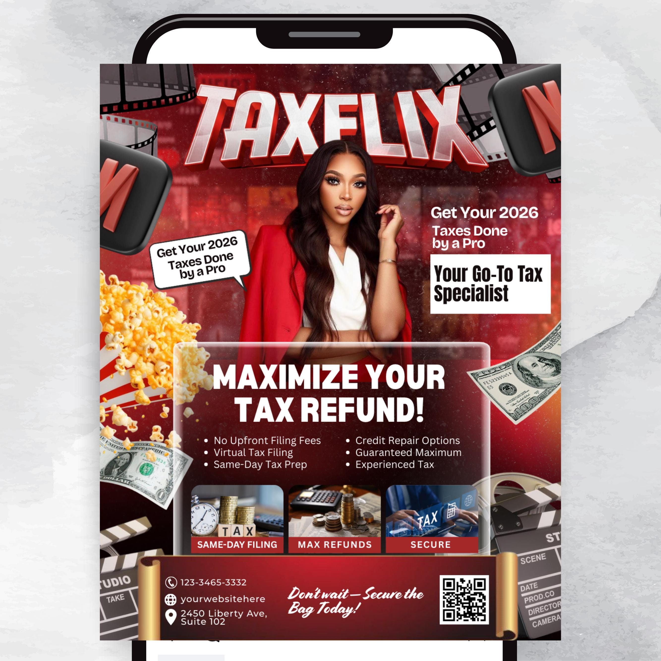 Taxflix Flyer For Tax Season, Modern Tax Prep Flyer, Editable Tax Refund Preparation, Accountant Marketing Flyer, Canva Tax Business Flyer